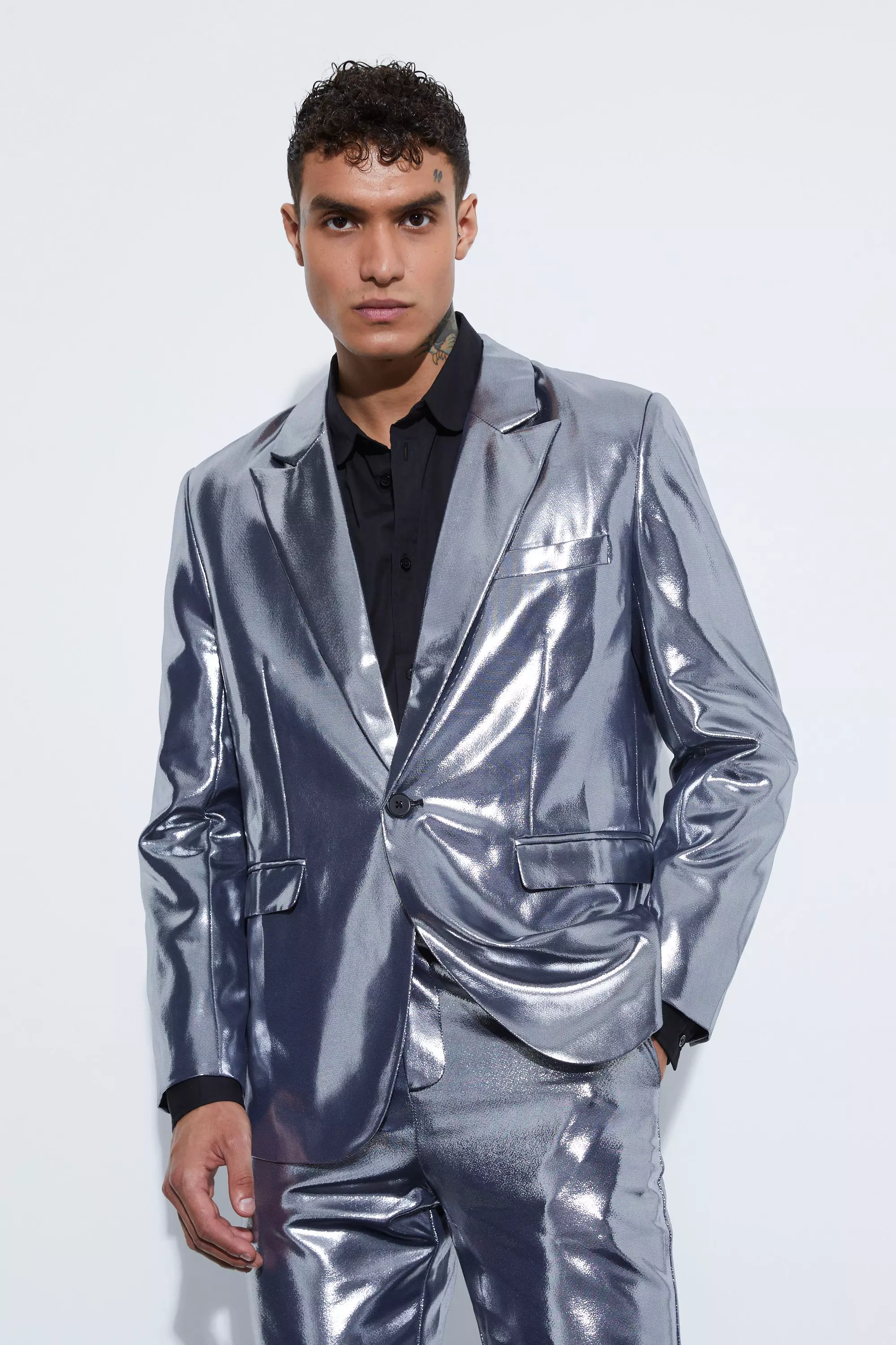 Relaxed Fit Single Breasted Metallic Blazer Silver