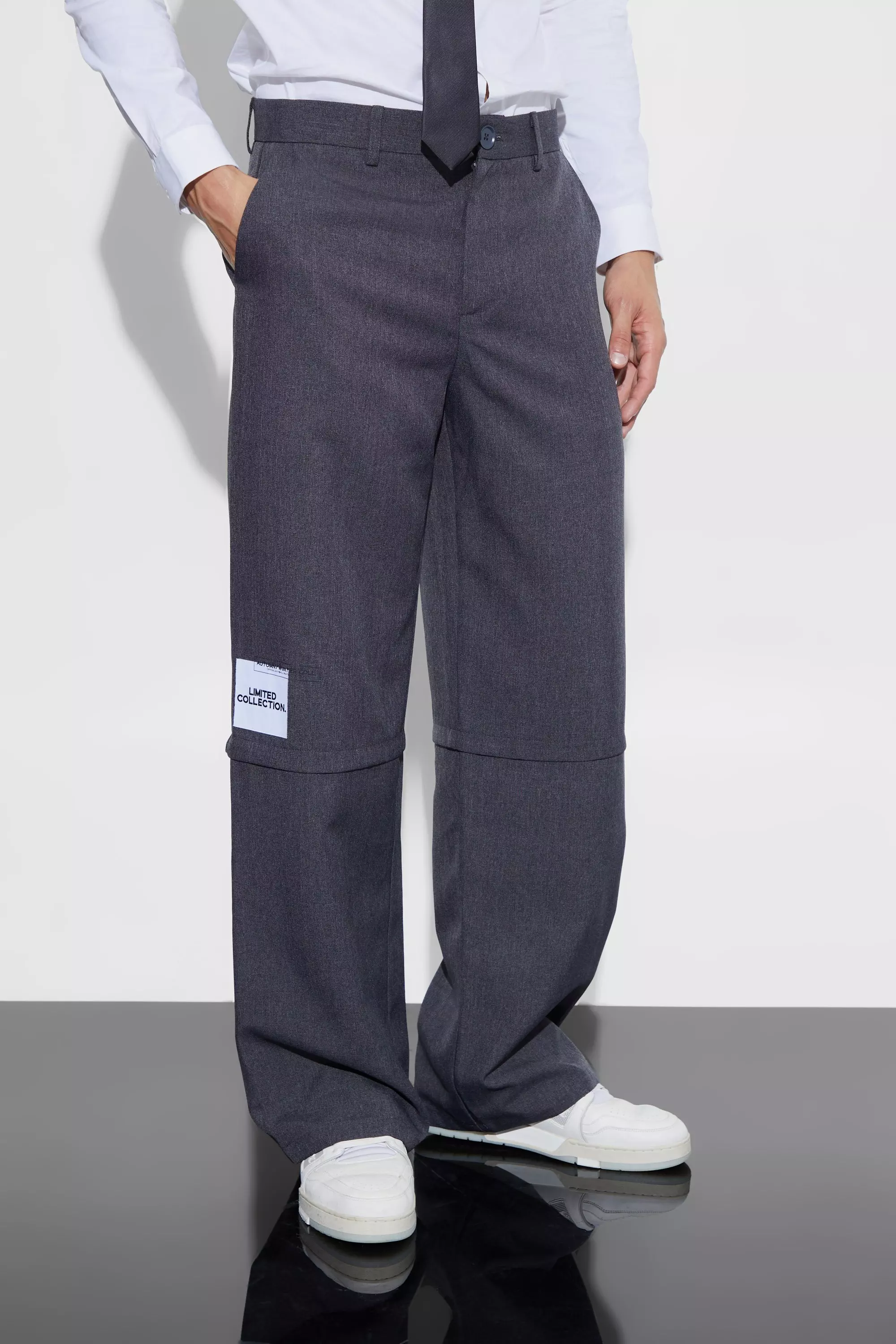 Wide Fit Zip Panel Textured Pants Grey