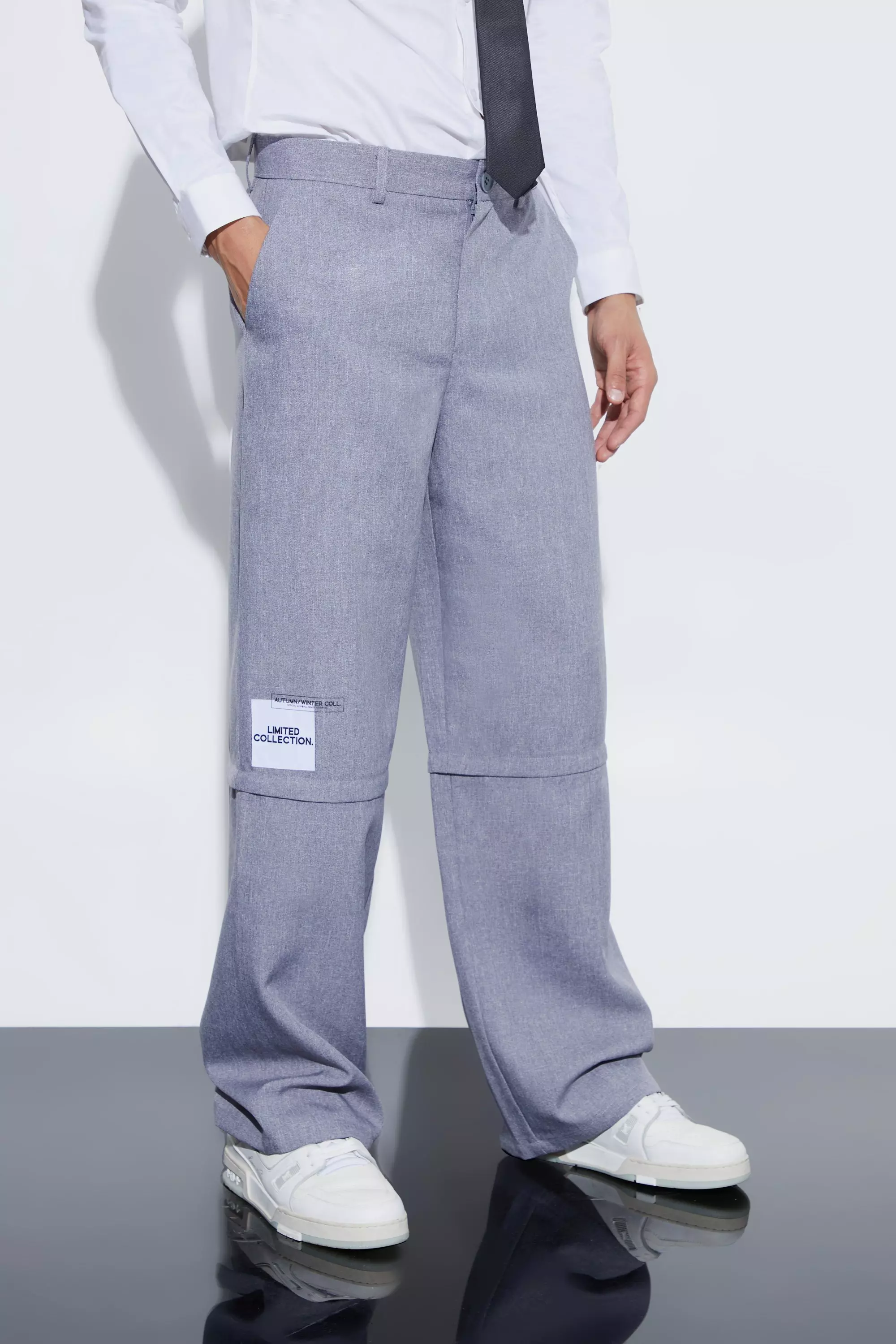 Blue Wide Fit Zip Panel Textured Pants