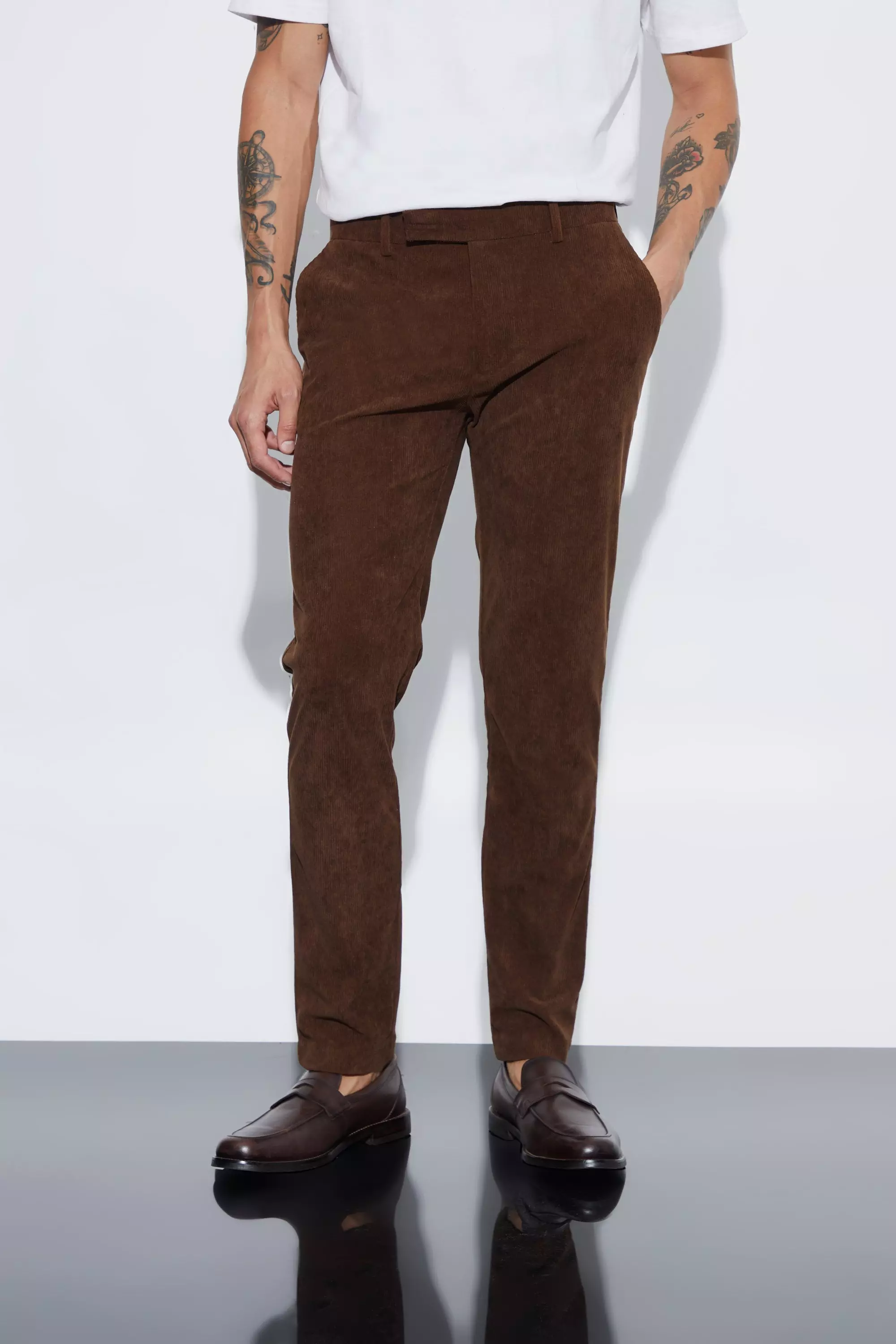 Chocolate Brown Skinny Fit Corduroy Tailored Pants
