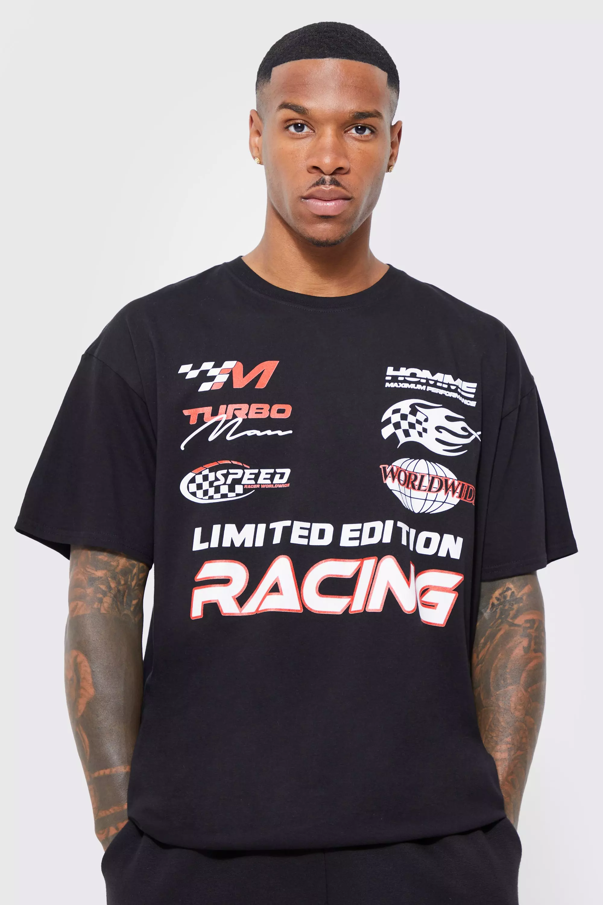 Oversized Heavyweight Moto Racing T-shirt Black