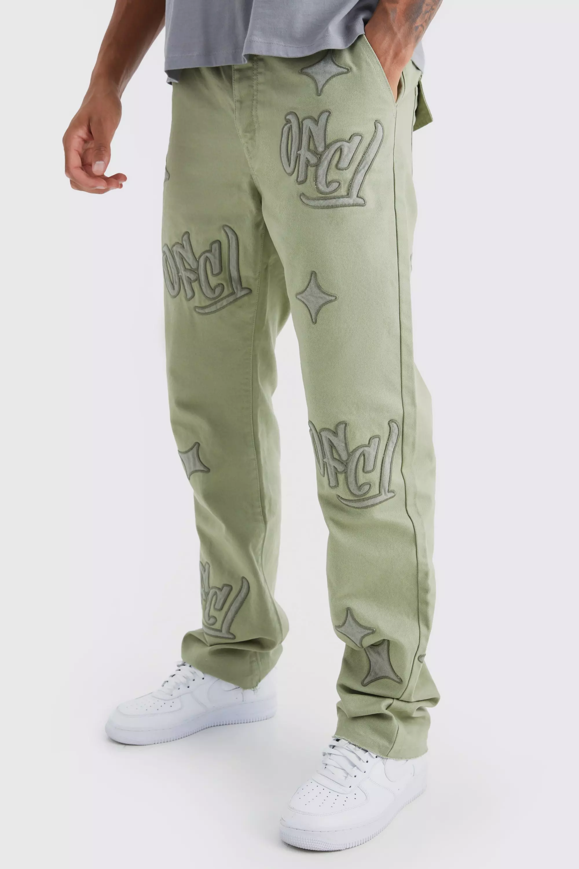 Tall Fixed Waist Relaxed Gusset Applique Pants Olive