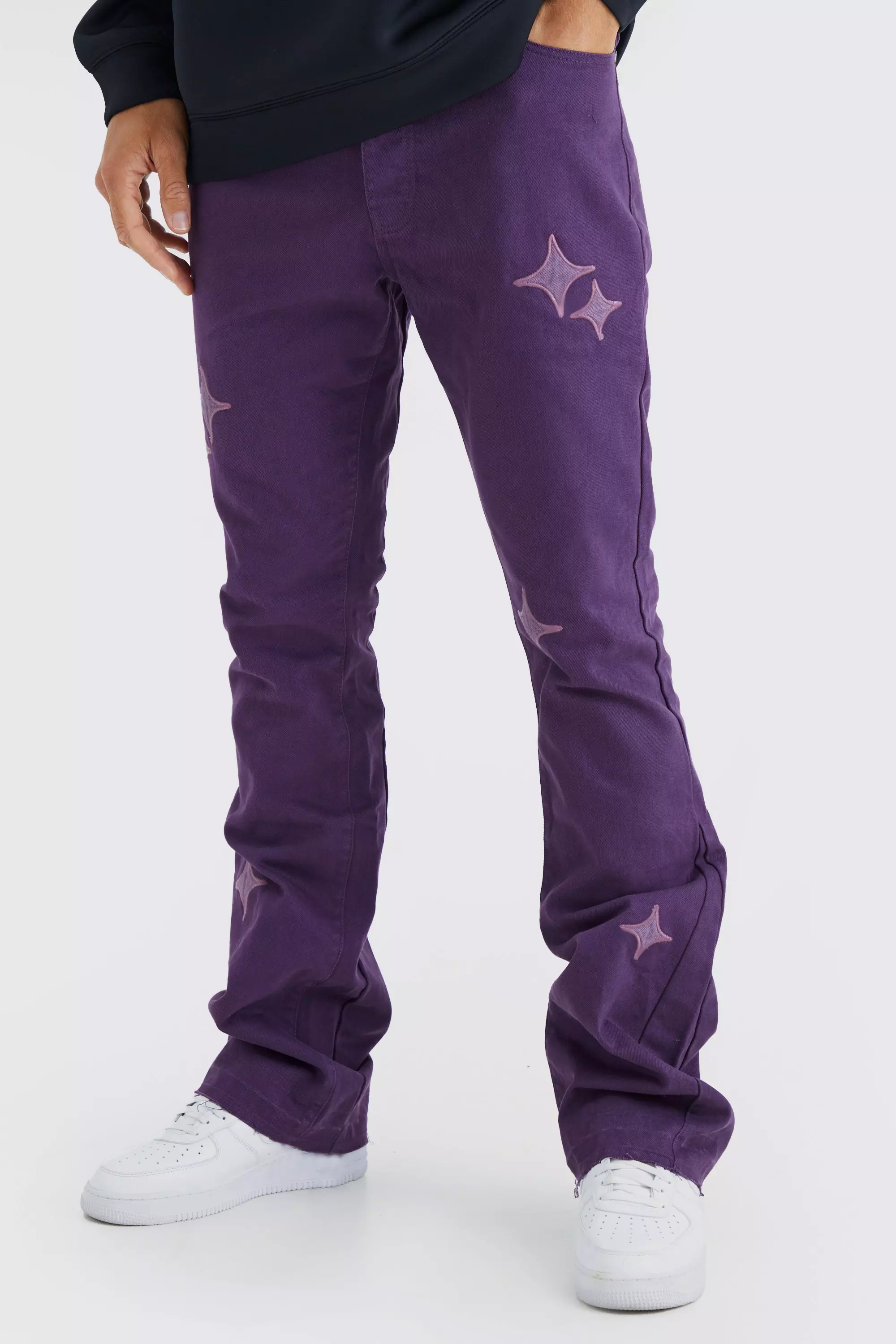 Tall Fixed Waist Slim Flare Gusset Applique Pants Purple