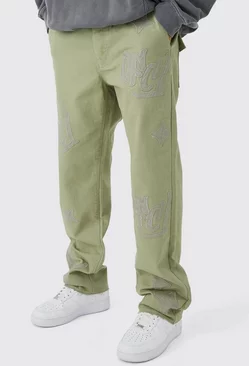 Fixed Waist Relaxed Gusset Applique Pants Olive