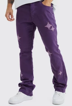 Fixed Waist Slim Flare Gusset Applique Pants Purple