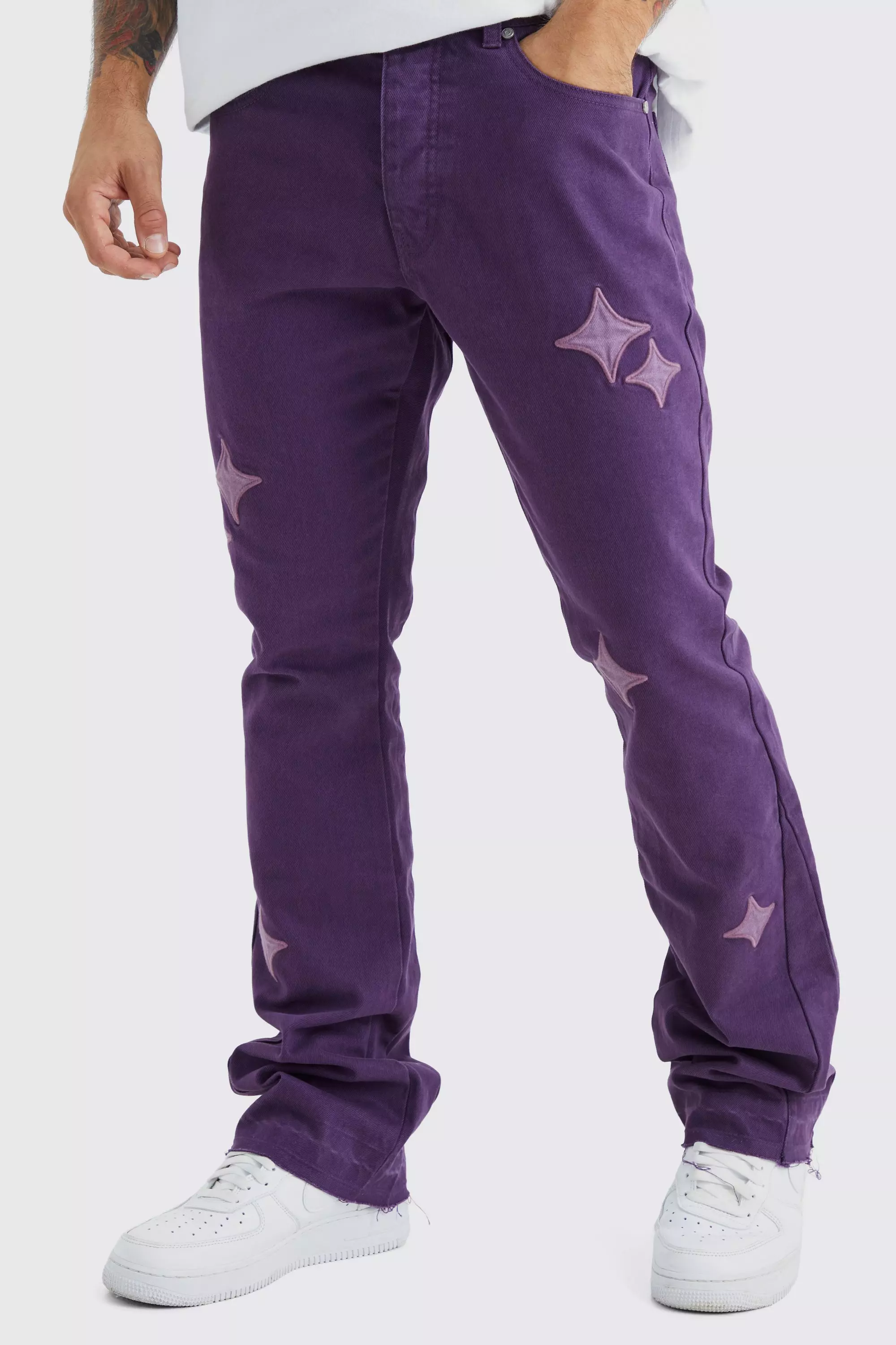 Purple Fixed Waist Slim Flare Gusset Applique Pants