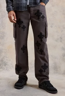 Fixed Waist Relaxed Applique Cargo Gusset Pants Charcoal