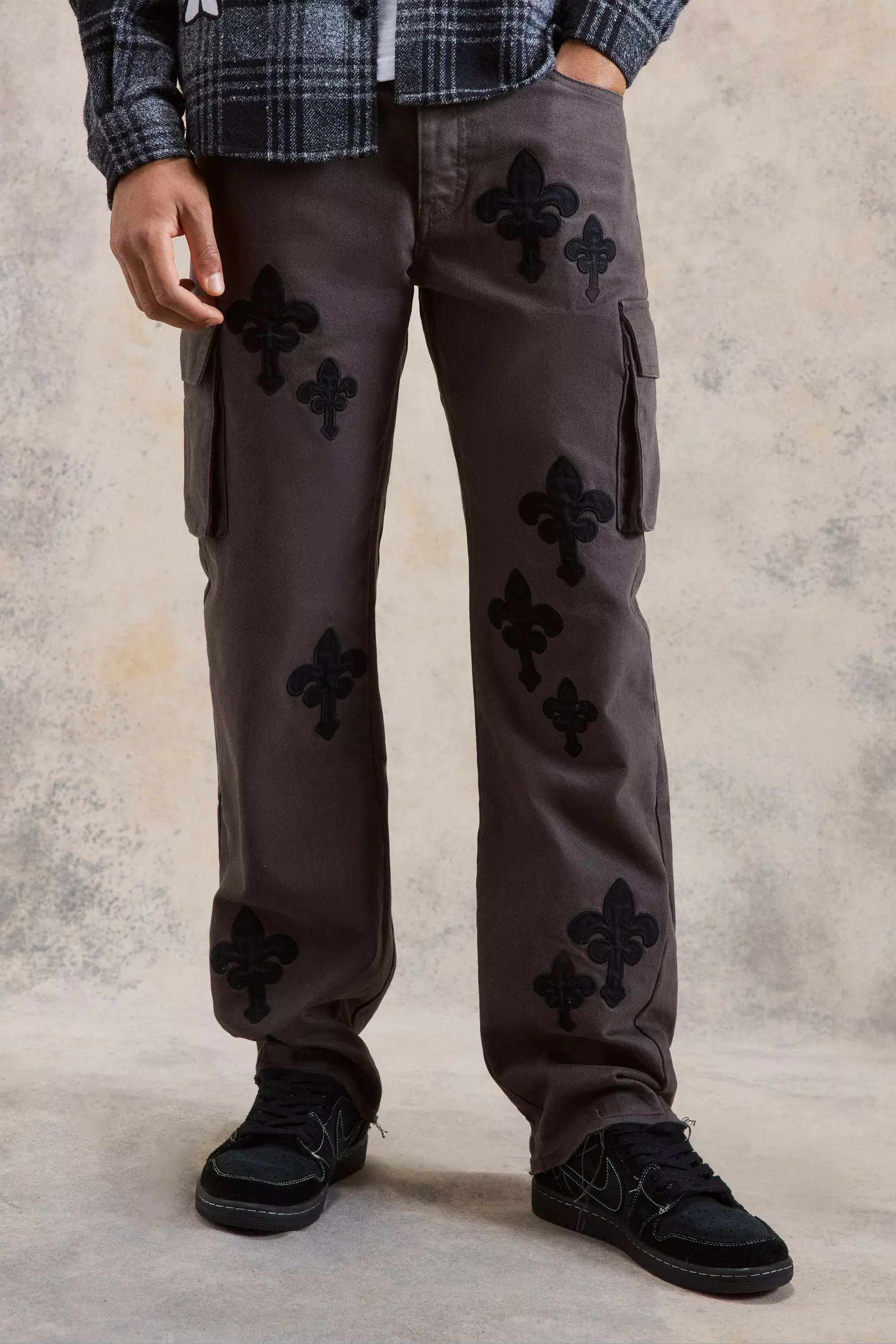Fixed Waist Relaxed Applique Cargo Gusset Pants Charcoal