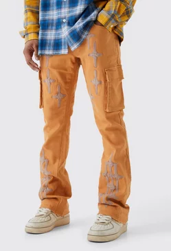 Fixed Waist Skinny Flare Gusset Applique Cargo Pants Orange