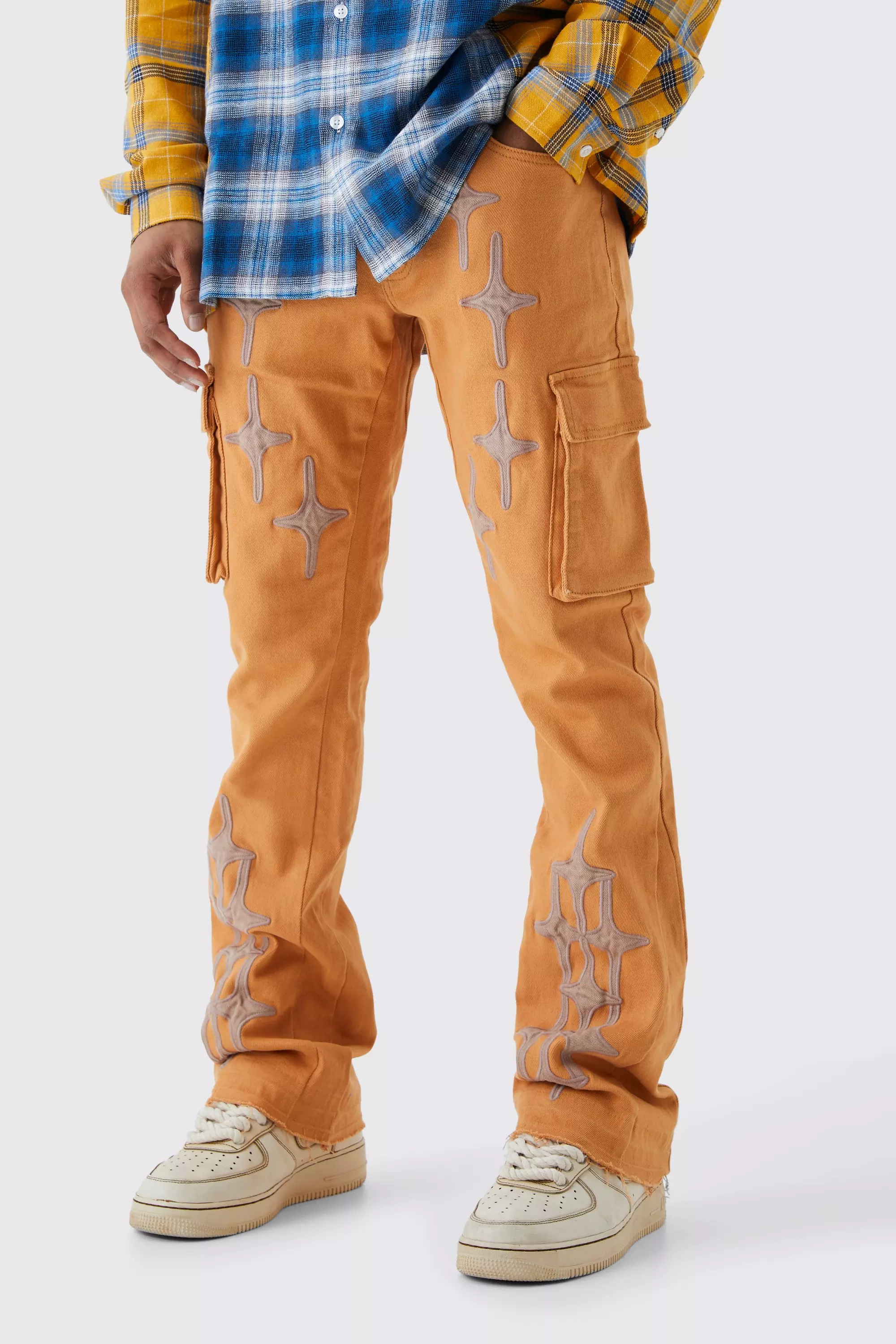 Orange Fixed Waist Skinny Flare Gusset Applique Cargo Pants