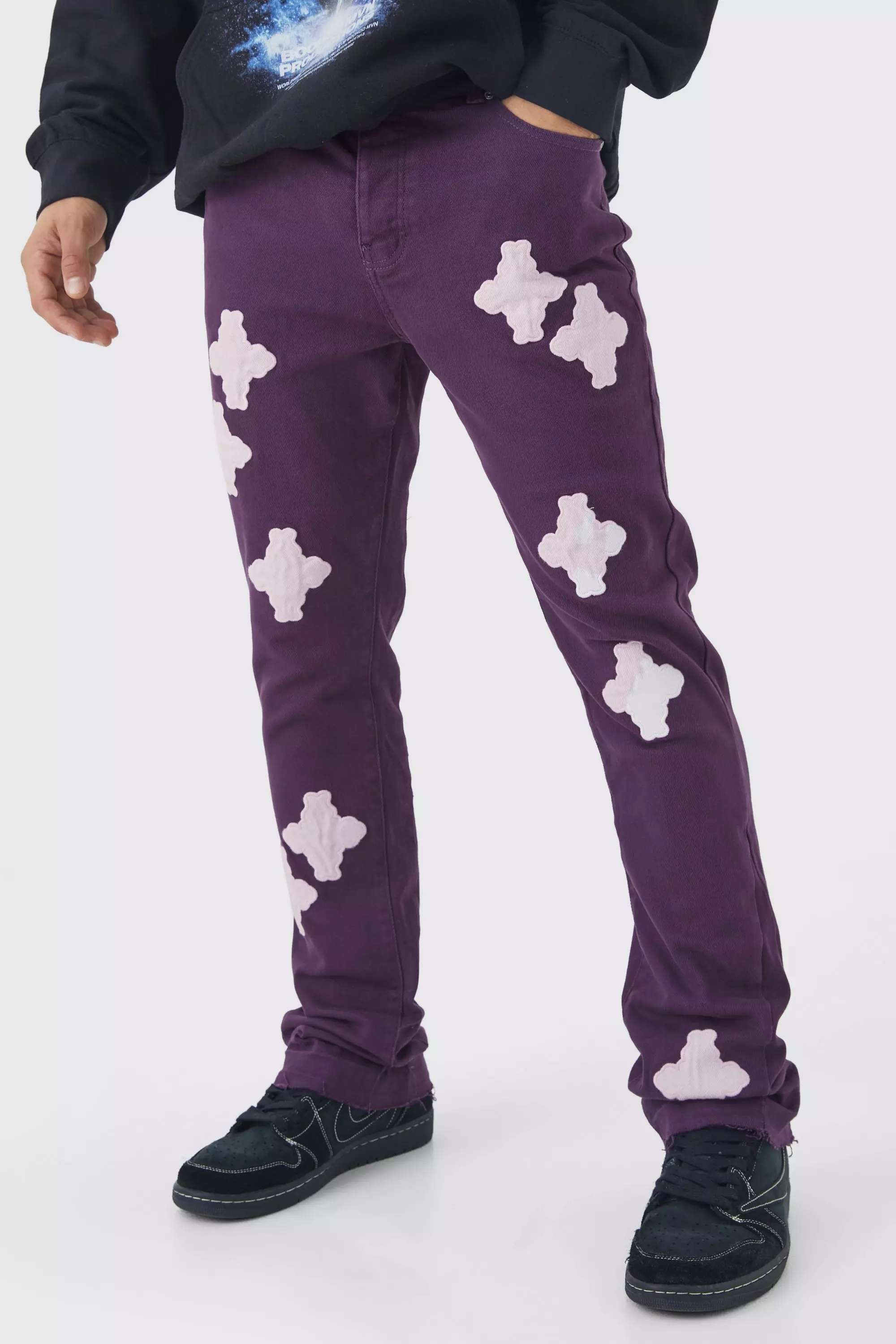Fixed Waist Skinny Flare Gusset Applique Pants Purple