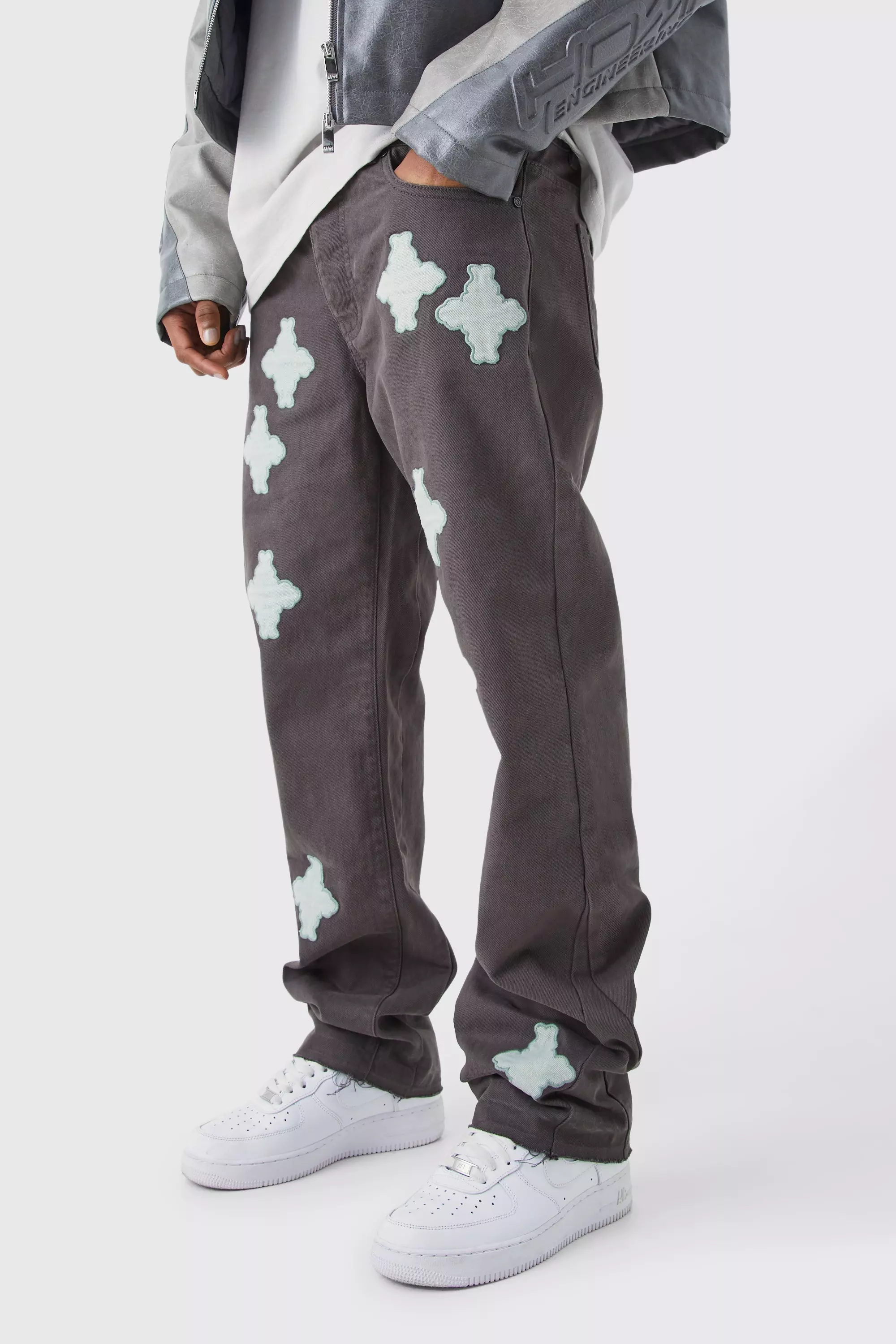 Fixed Waist Relaxed Gusset Applique Pants Charcoal