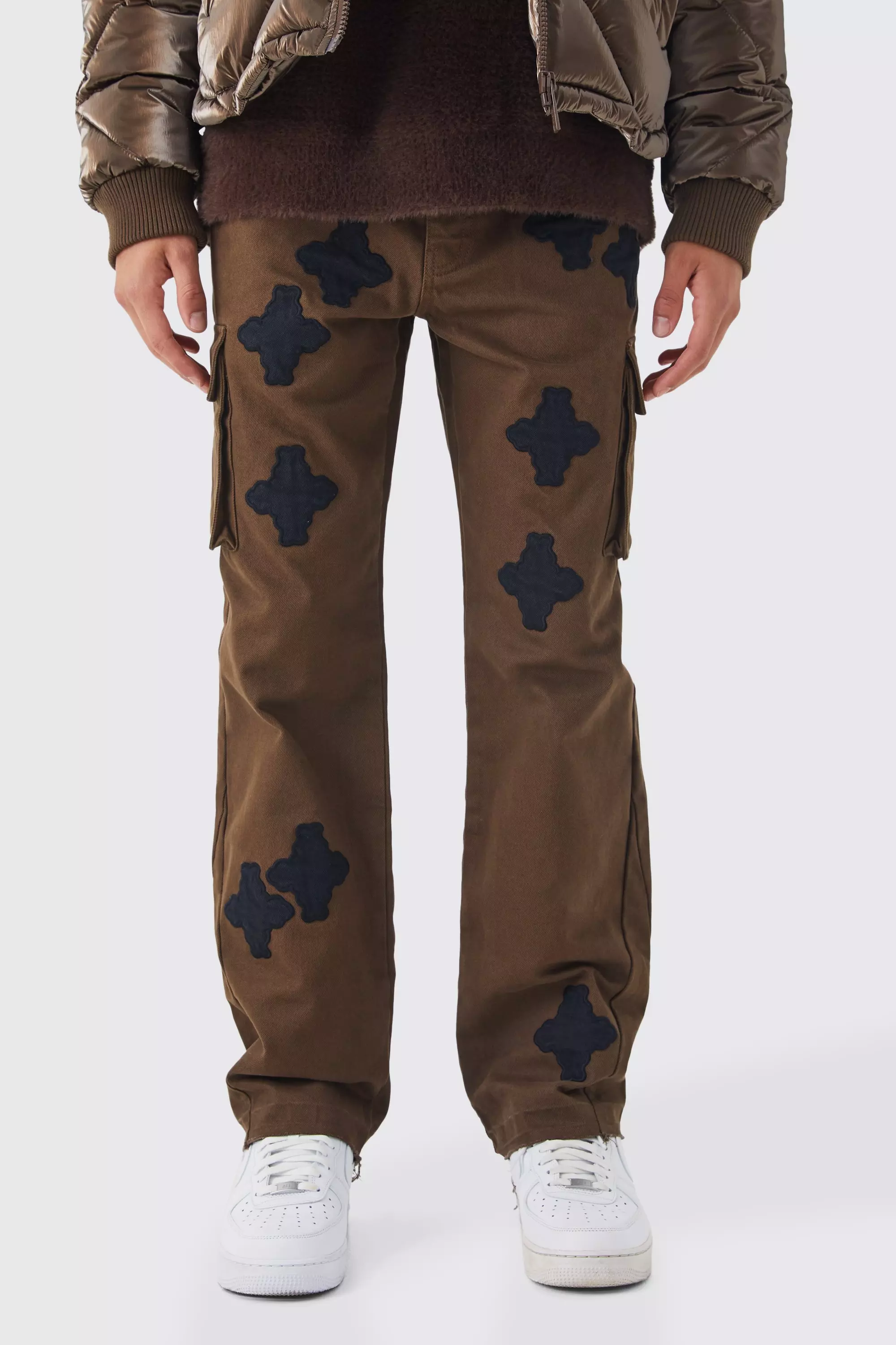 Fixed Waist Relaxed Applique Cargo Gusset Pants Chocolate