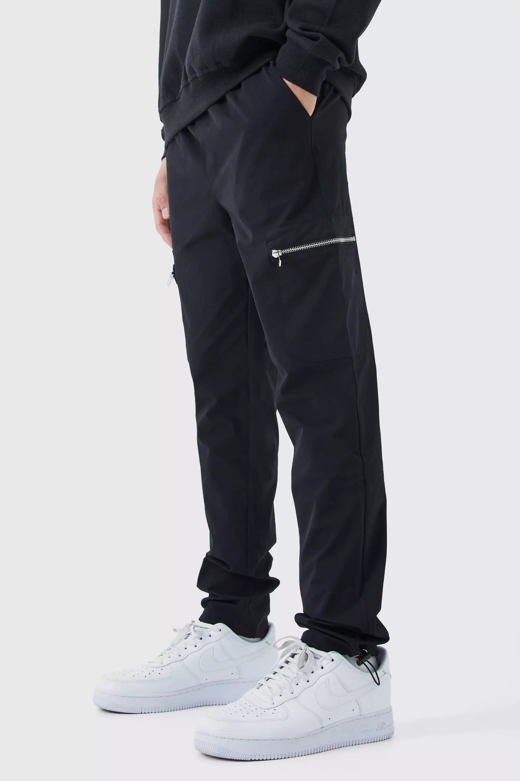 Elasticated Waist Slim Technical Stretch Cargo Pants Black