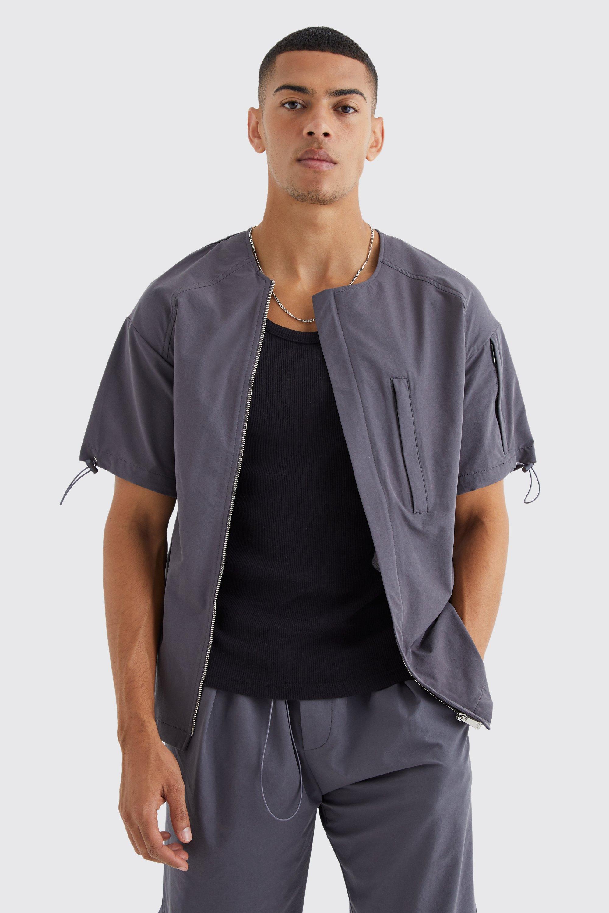 Charcoal Short Sleeve Collarless Technical Zip Shirt