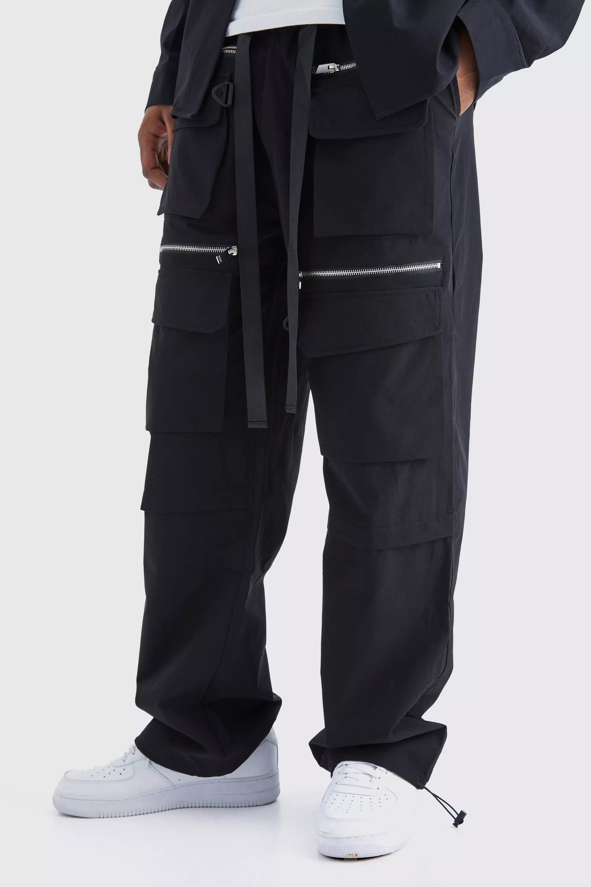 Tall Elasticated Waist Technical 3d Pocket Cargo Pants Black