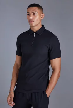 Pleated Muscle Short Sleeve Zip Polo Shirt Black