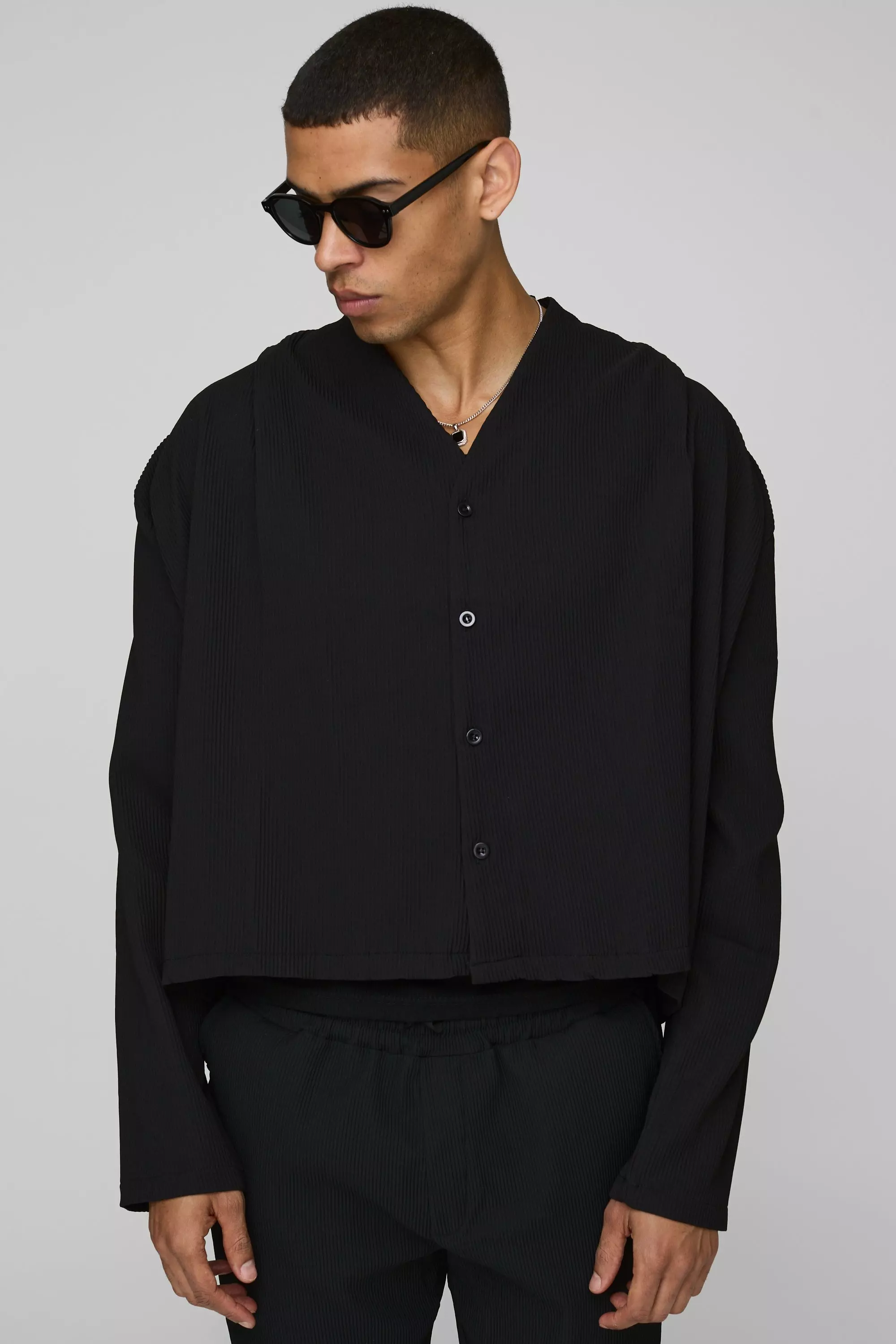 Pleated Longsleeve Collarless Boxy Shirt Black