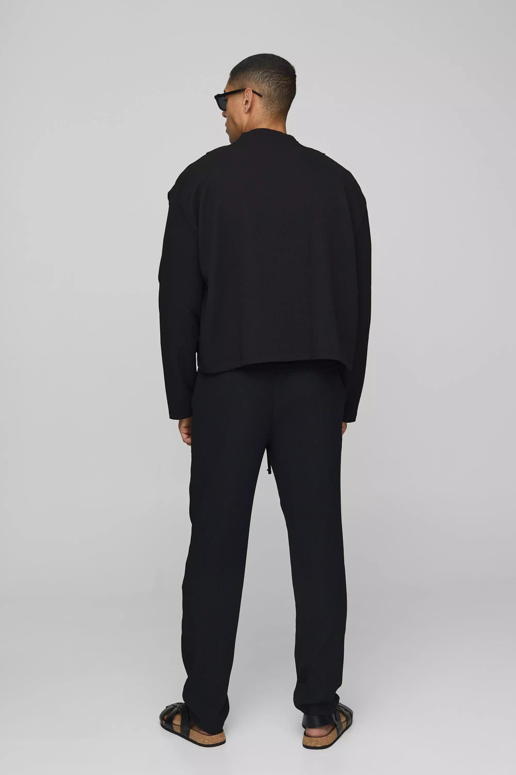 Black Pleated Long Sleeve Collarless Boxy Shirt alternative image