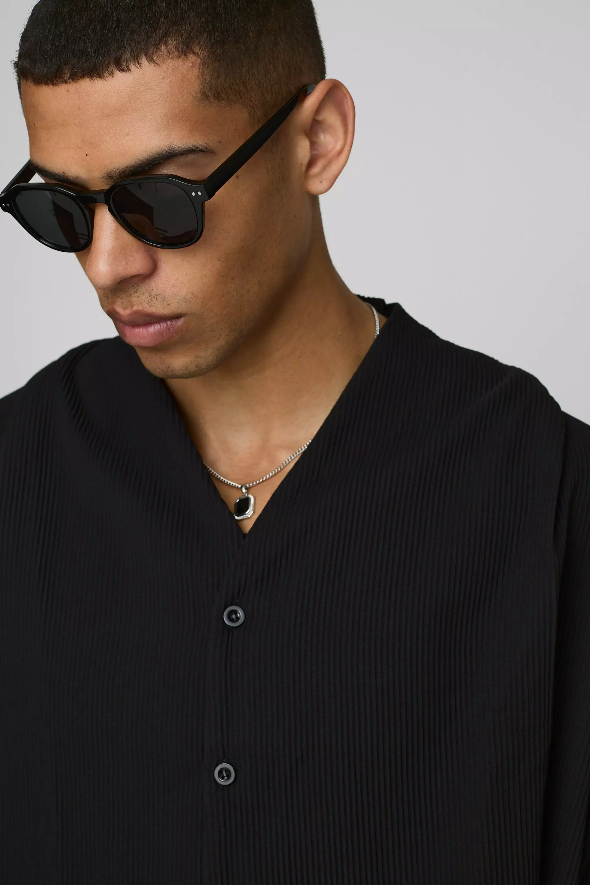 Black Pleated Long Sleeve Collarless Boxy Shirt alternative image