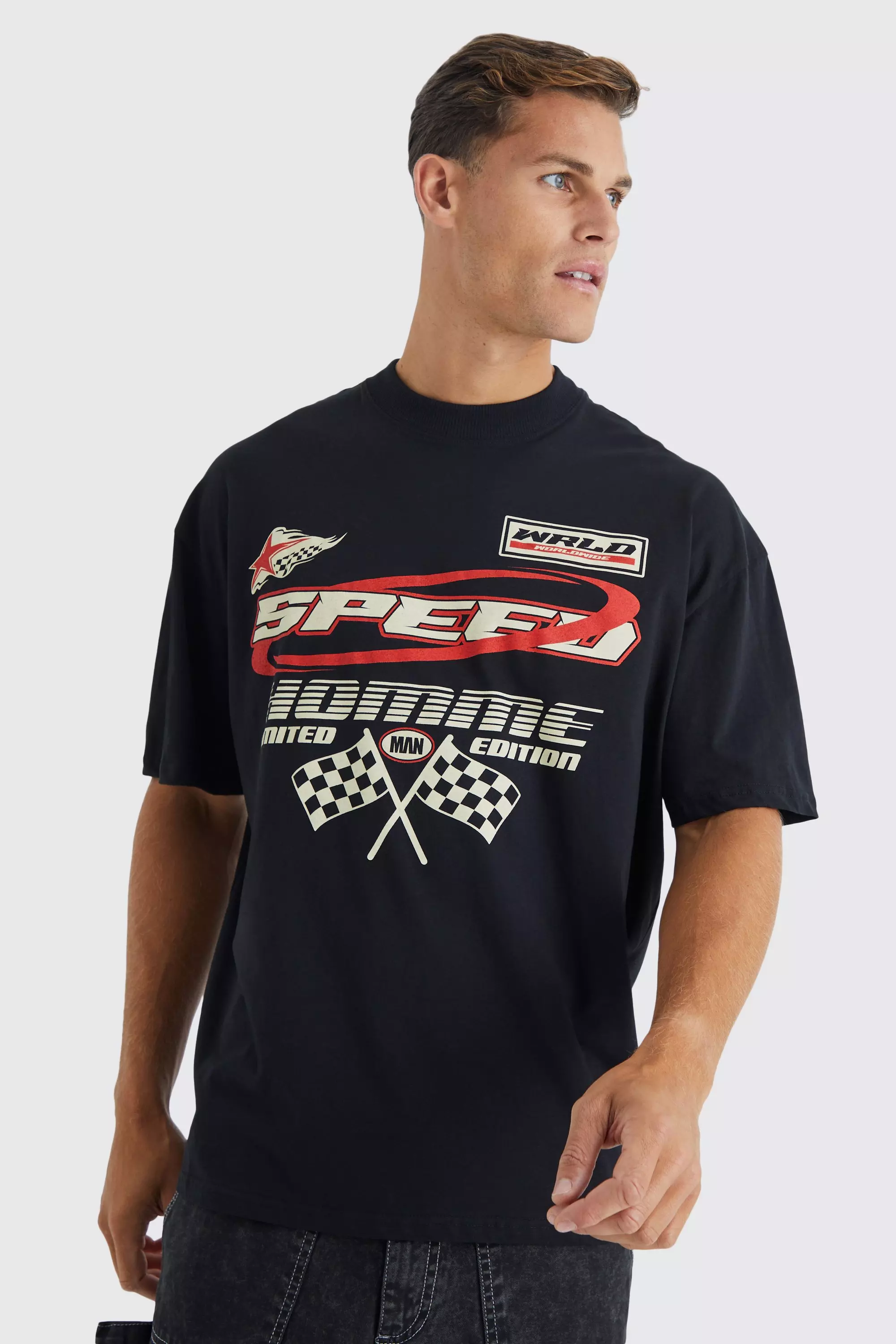 Tall Oversized Moto Racing Print T-shirt Black