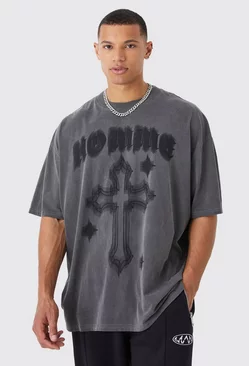 Charcoal Grey Tall Oversized Overdyed Gothic Homme Print T-shirt