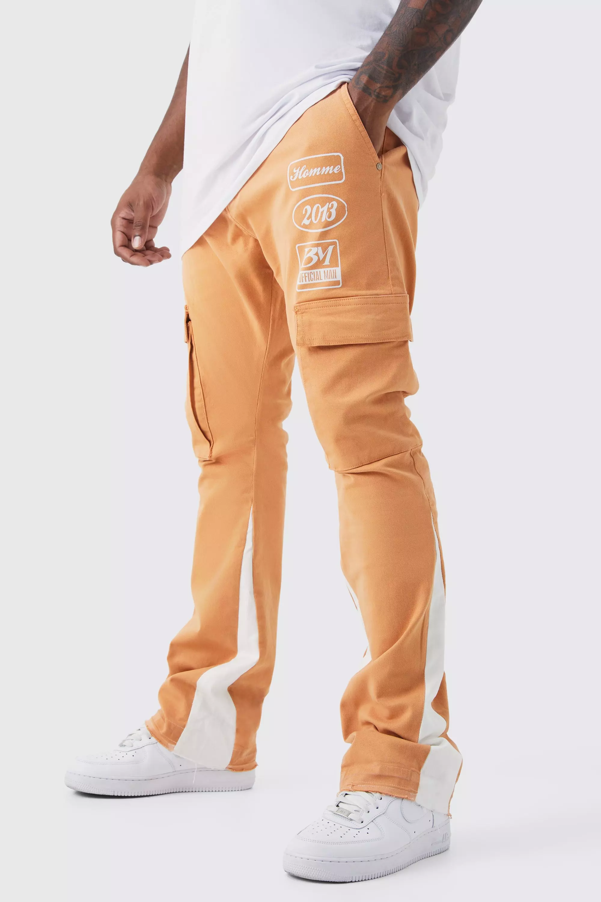 Orange Plus Fixed Waist Skinny Stacked Flare Moto Cargo Pants