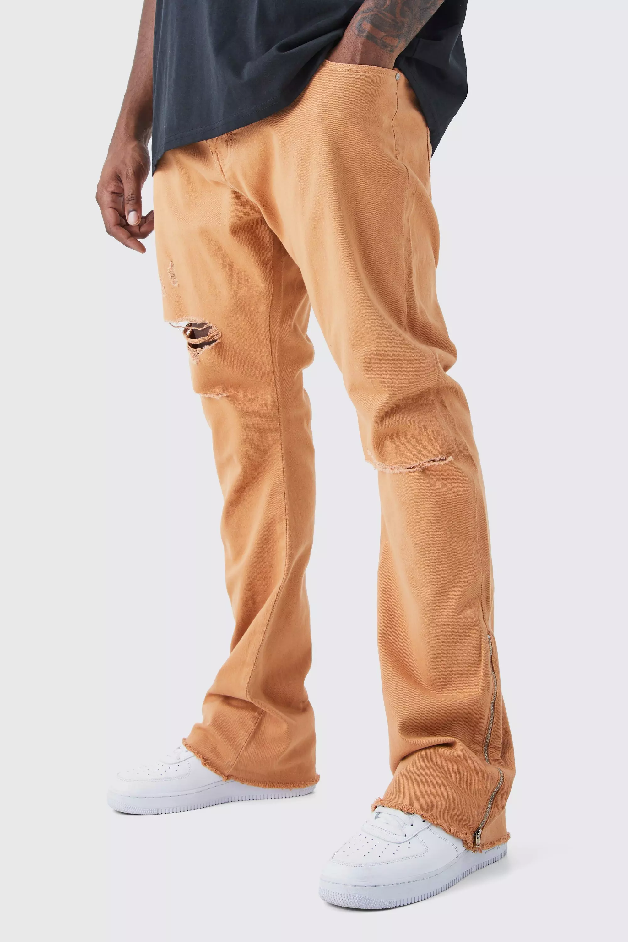 Plus Fixed Waist Rip And Repair Zip Gusset Pants Orange