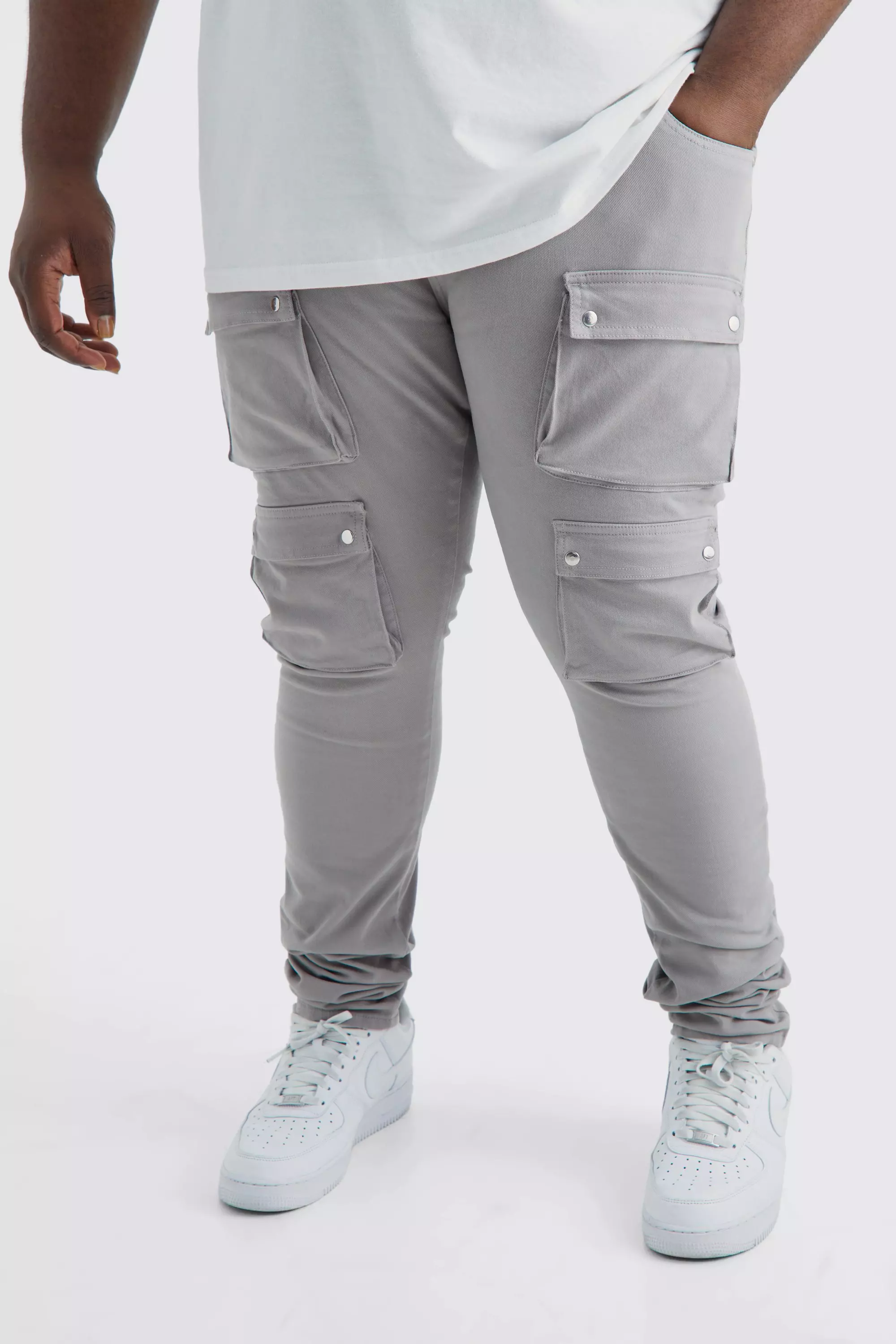 Grey Plus Fixed Waist Skinny Multi Cargo Pocket Pants