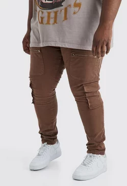 Chocolate Brown Plus Fixed Waist Skinny Multi Zip Cargo Pants