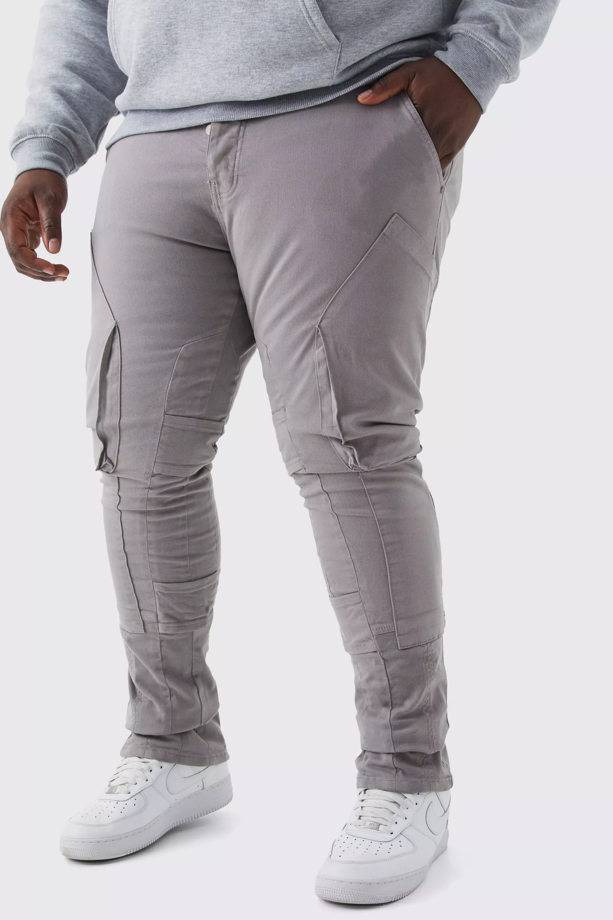 Grey Plus Fixed Waist Skinny Stacked Gusset Strap Cargo Pants