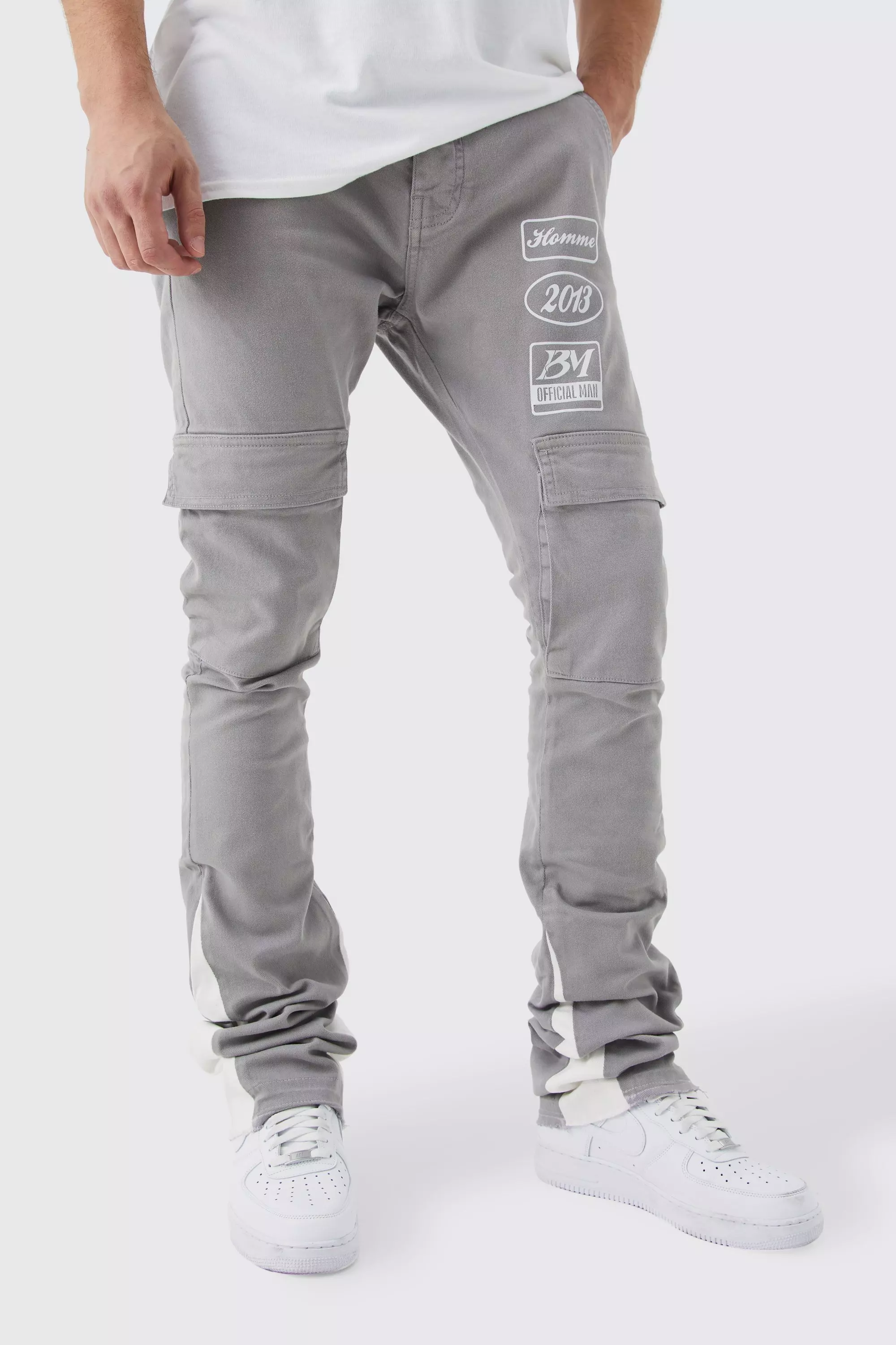 Dark-grey Grey Tall Fixed Waist Skinny Stacked Flare Moto Cargo Pants