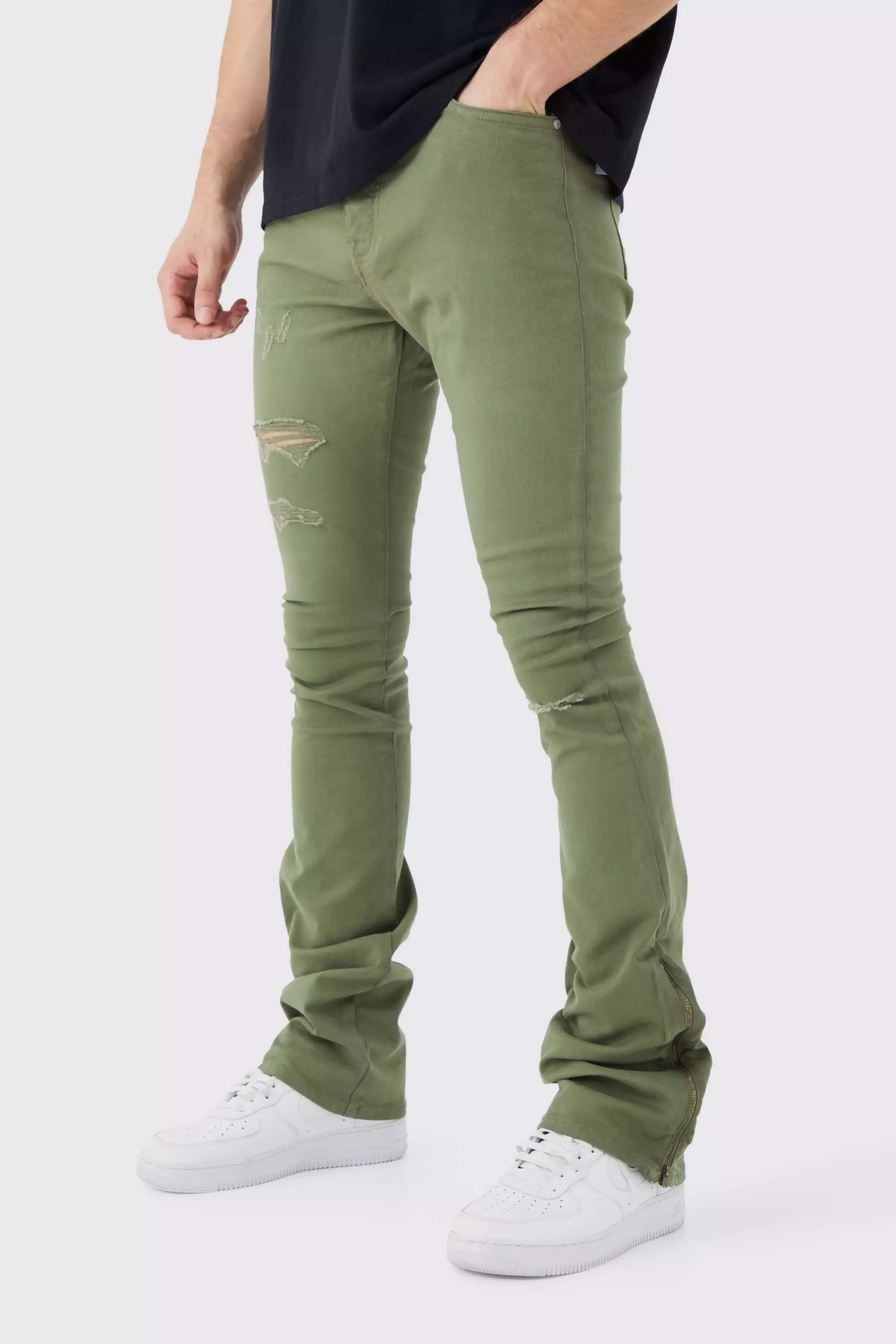 Tall Fixed Waist Rip And Repair Zip Gusset Pants Olive