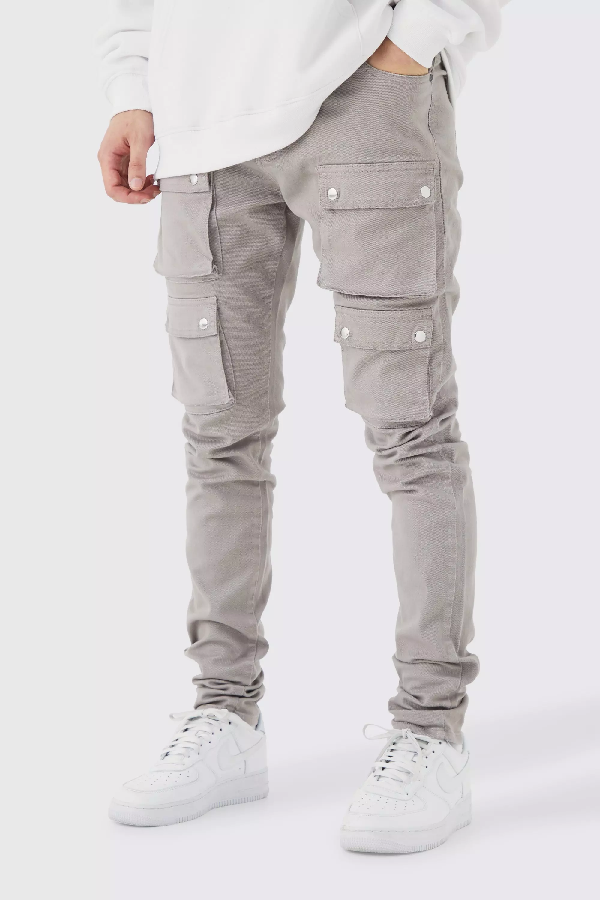 Grey Tall Fixed Waist Skinny Multi Cargo Pocket Pants