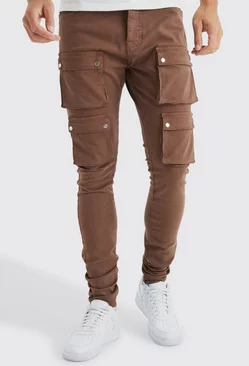 Tall Fixed Waist Skinny Multi Cargo Pocket Pants Chocolate