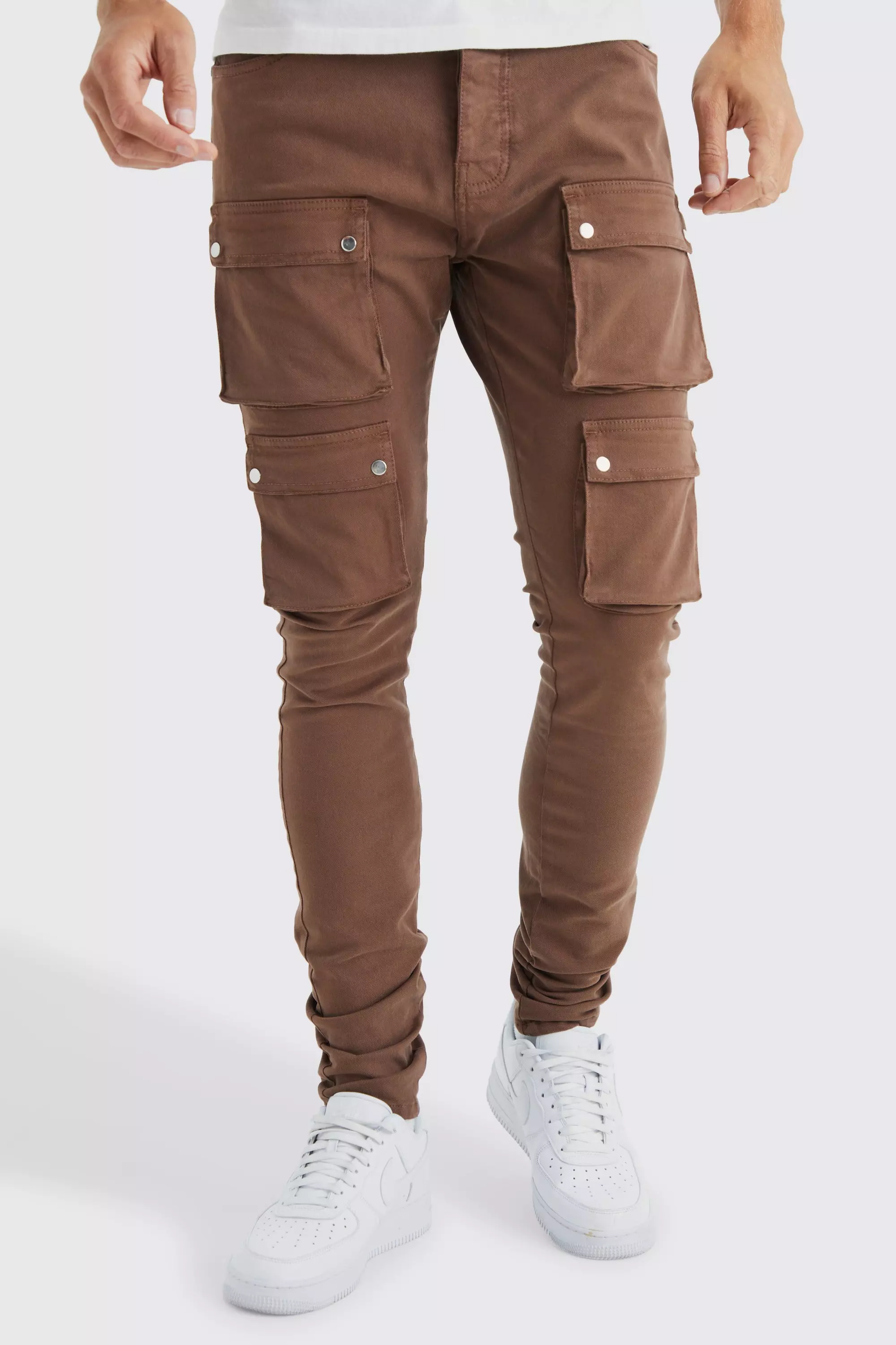 Tall Fixed Waist Skinny Multi Cargo Pocket Pants Chocolate