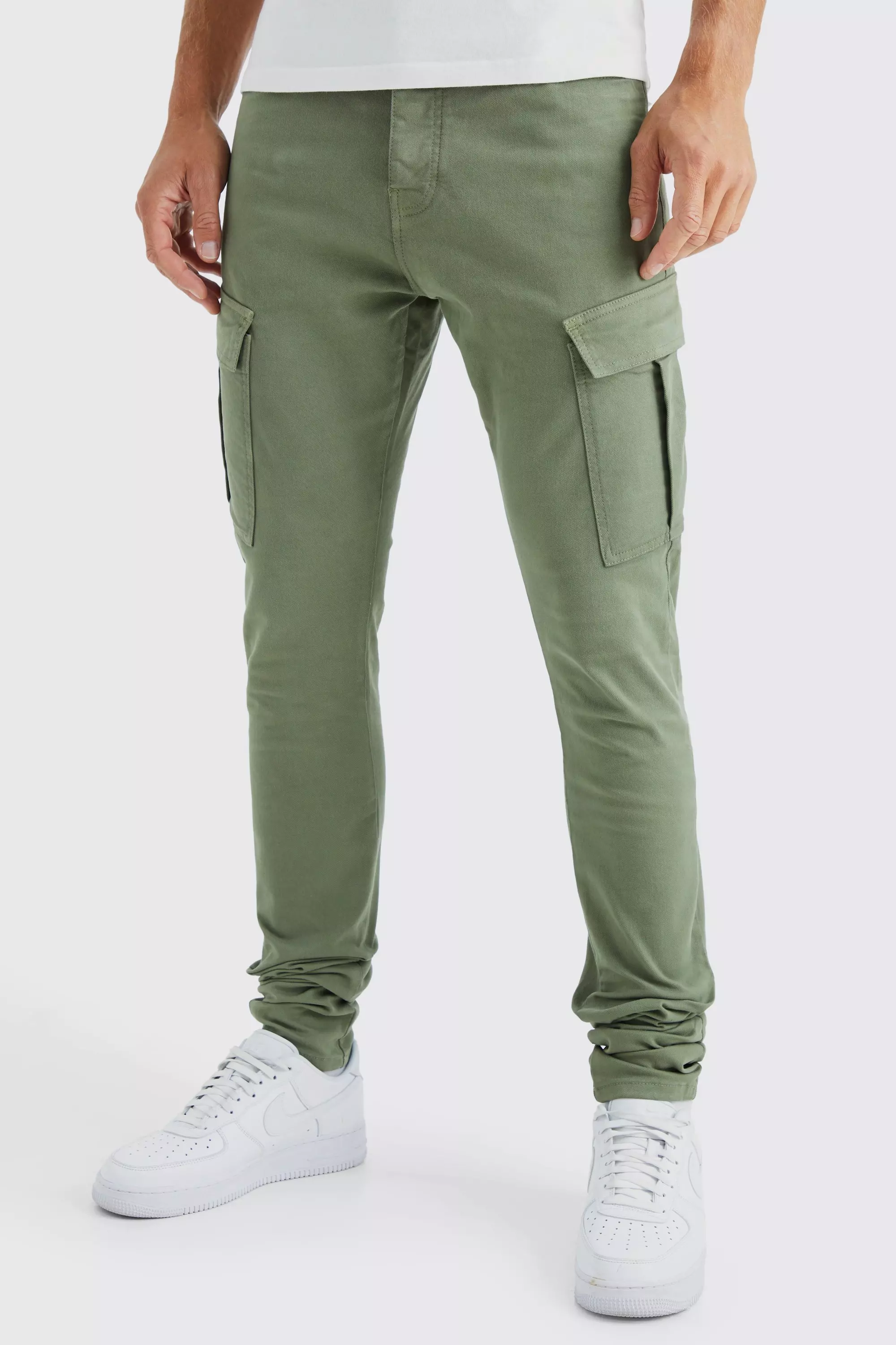 Tall Fixed Waist Skinny Stacked Cargo Pants Olive