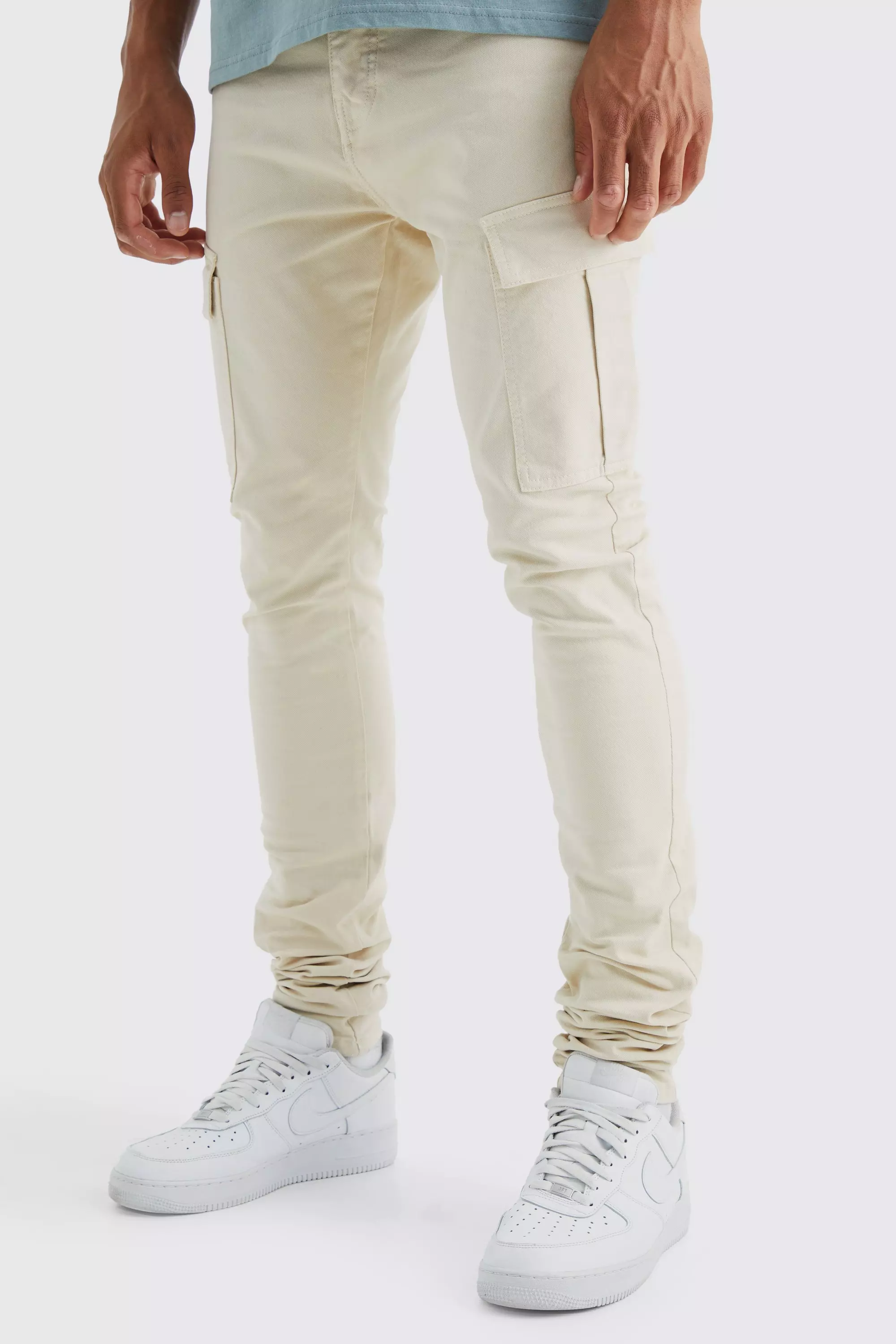 Stone Beige Tall Fixed Waist Skinny Stacked Cargo Pants