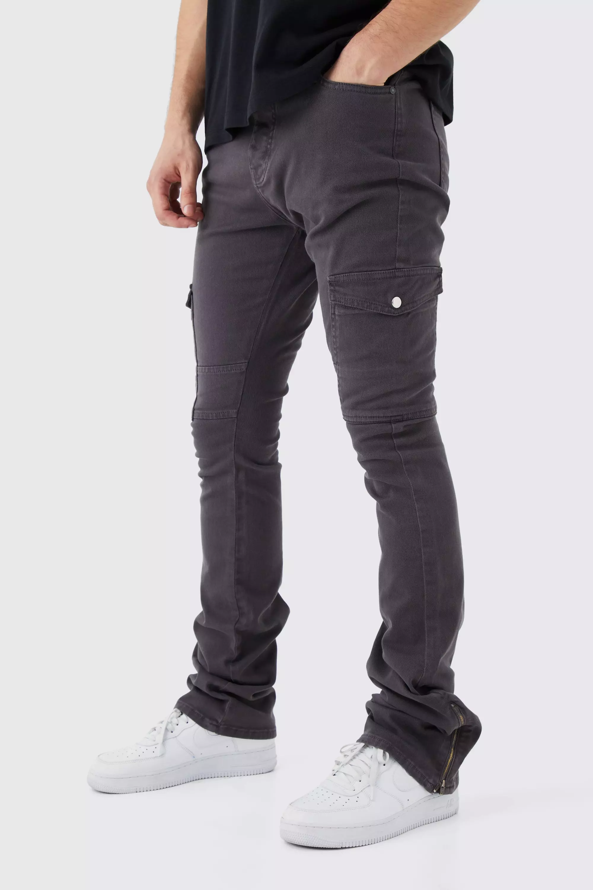 Tall Fixed Waist Skinny Stacked Zip Gusset Cargo Pants Charcoal