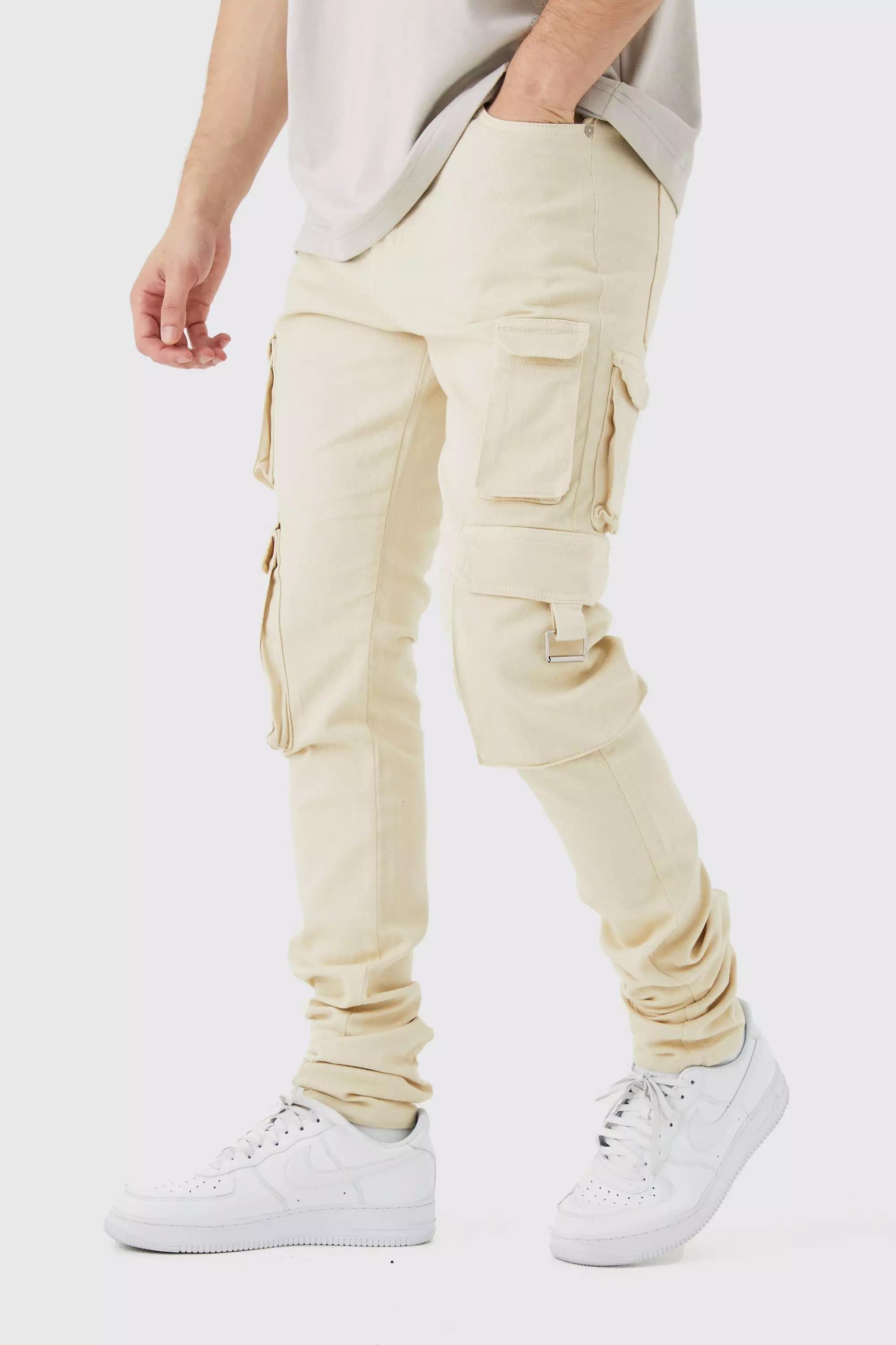 Stone Beige Tall Fixed Waist Skinny Stacked Multi Cargo Pants