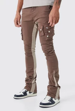 Chocolate Brown Tall Fixed Waist Skinny Stacked Flare 3d Cargo Pants