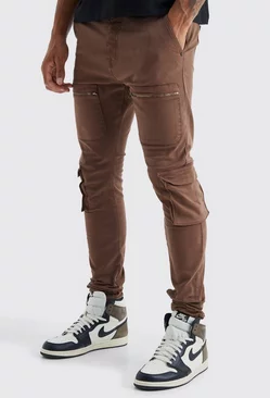 Tall Fixed Waist Skinny Multi Zip Cargo Pants Chocolate