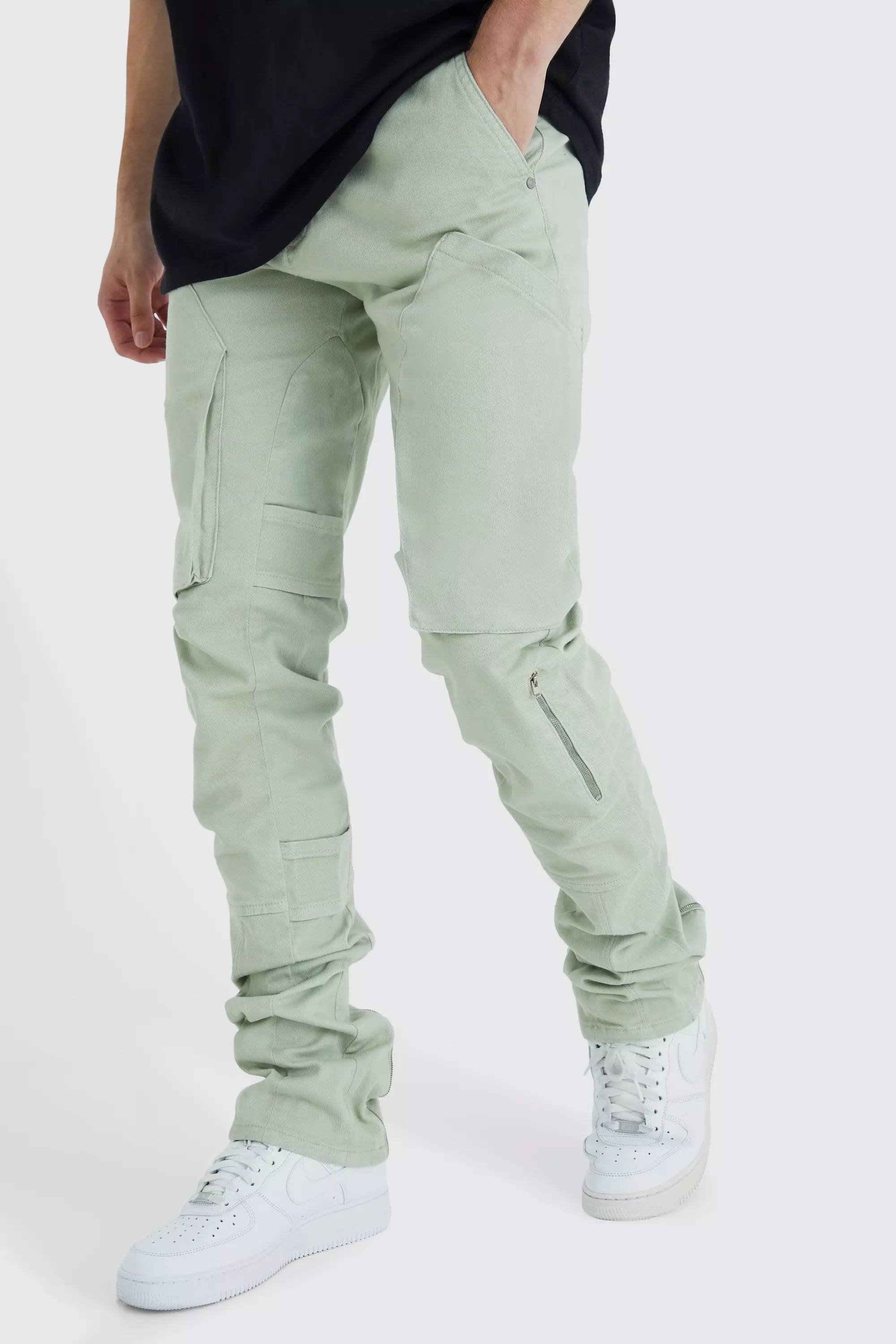 Sage Green Tall Fixed Waist Skinny Stacked Gusset Strap Cargo Pants