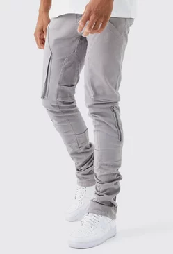 Grey Tall Fixed Waist Skinny Stacked Gusset Strap Cargo Pants
