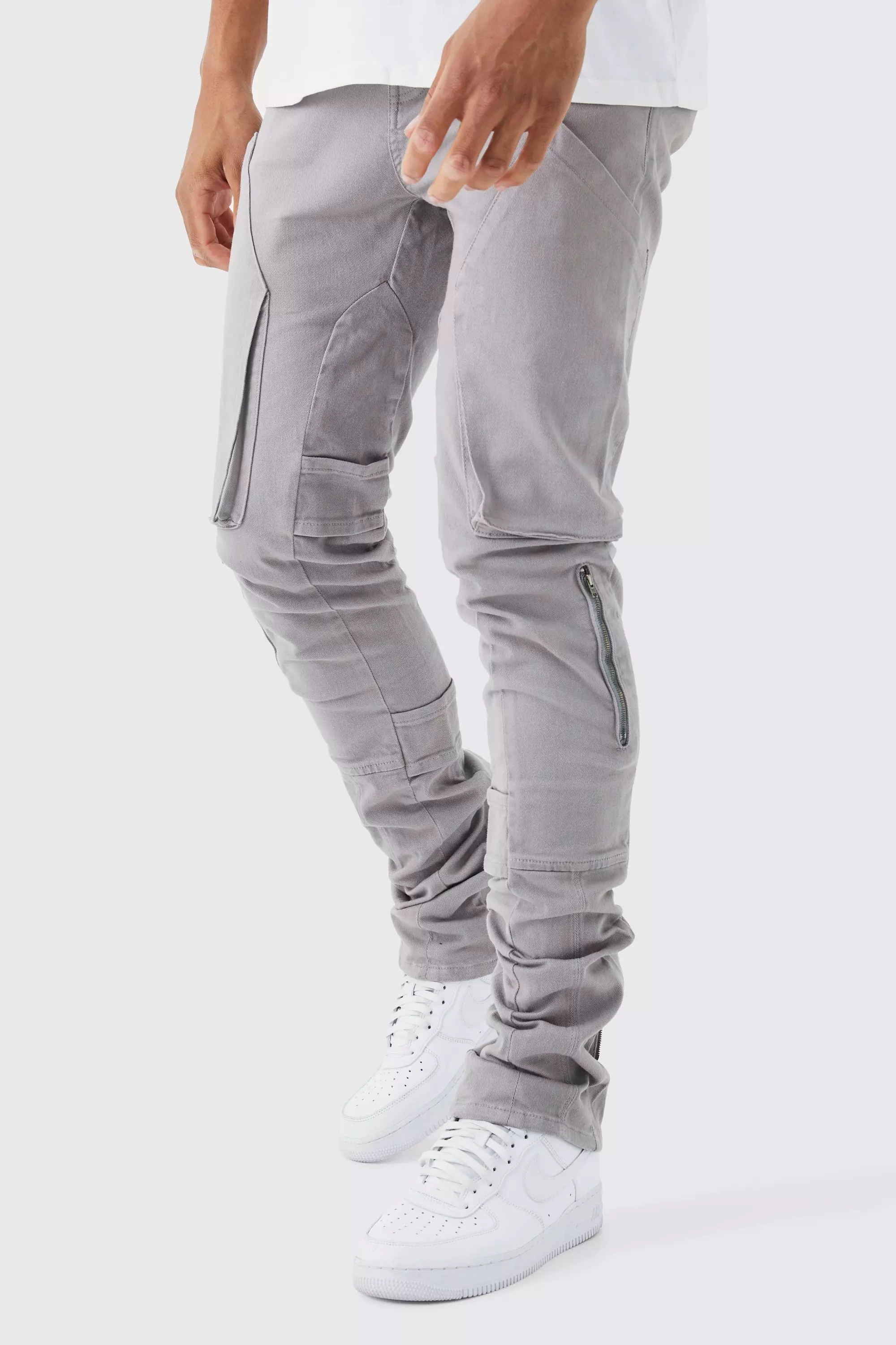 Dark-grey Grey Tall Fixed Waist Skinny Stacked Gusset Strap Cargo Pants