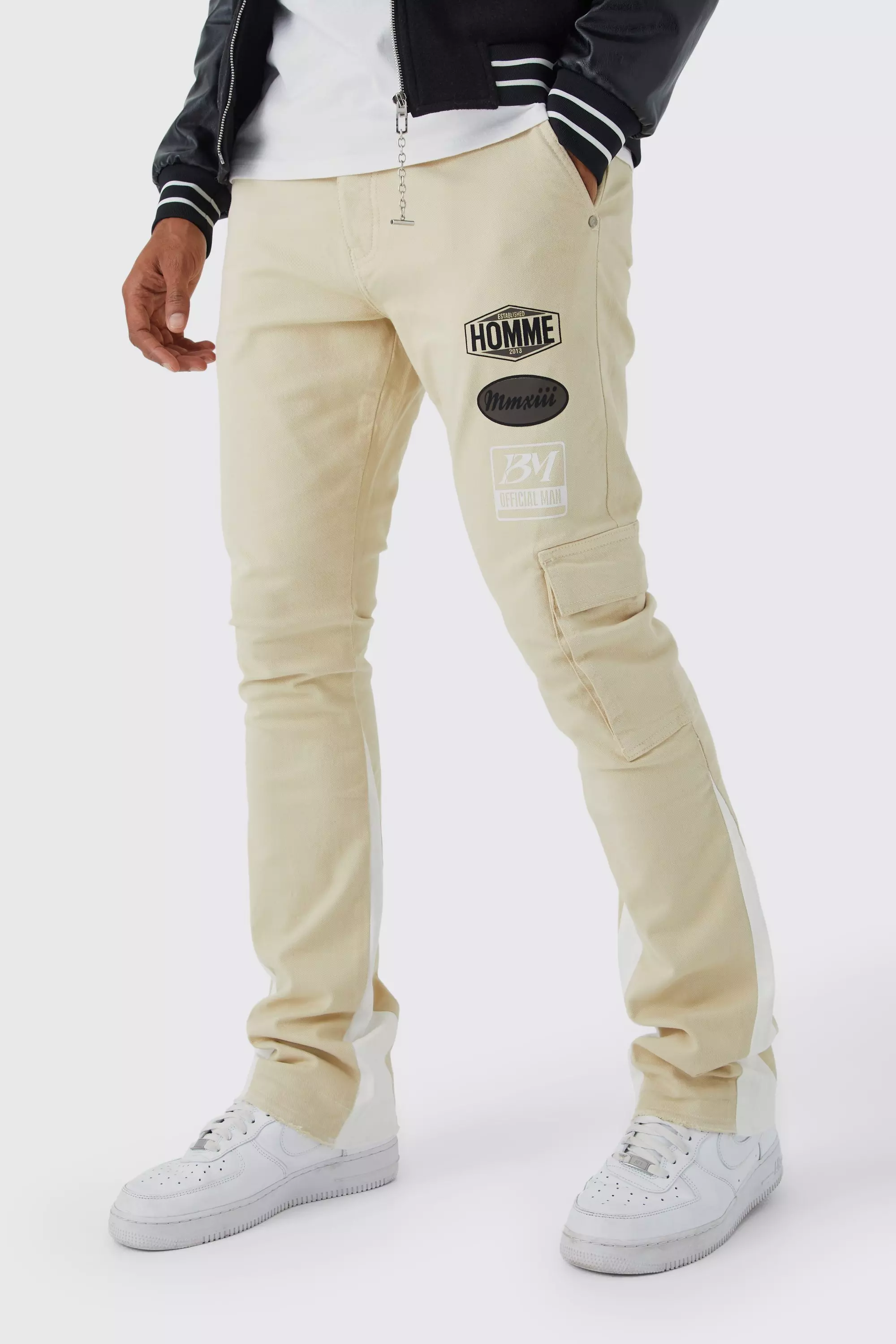 Fixed Waist Slim Flare Moto Badge Cargo Pants Stone