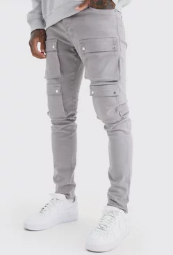Grey Fixed Waist Skinny Multi Cargo Pocket Trouser