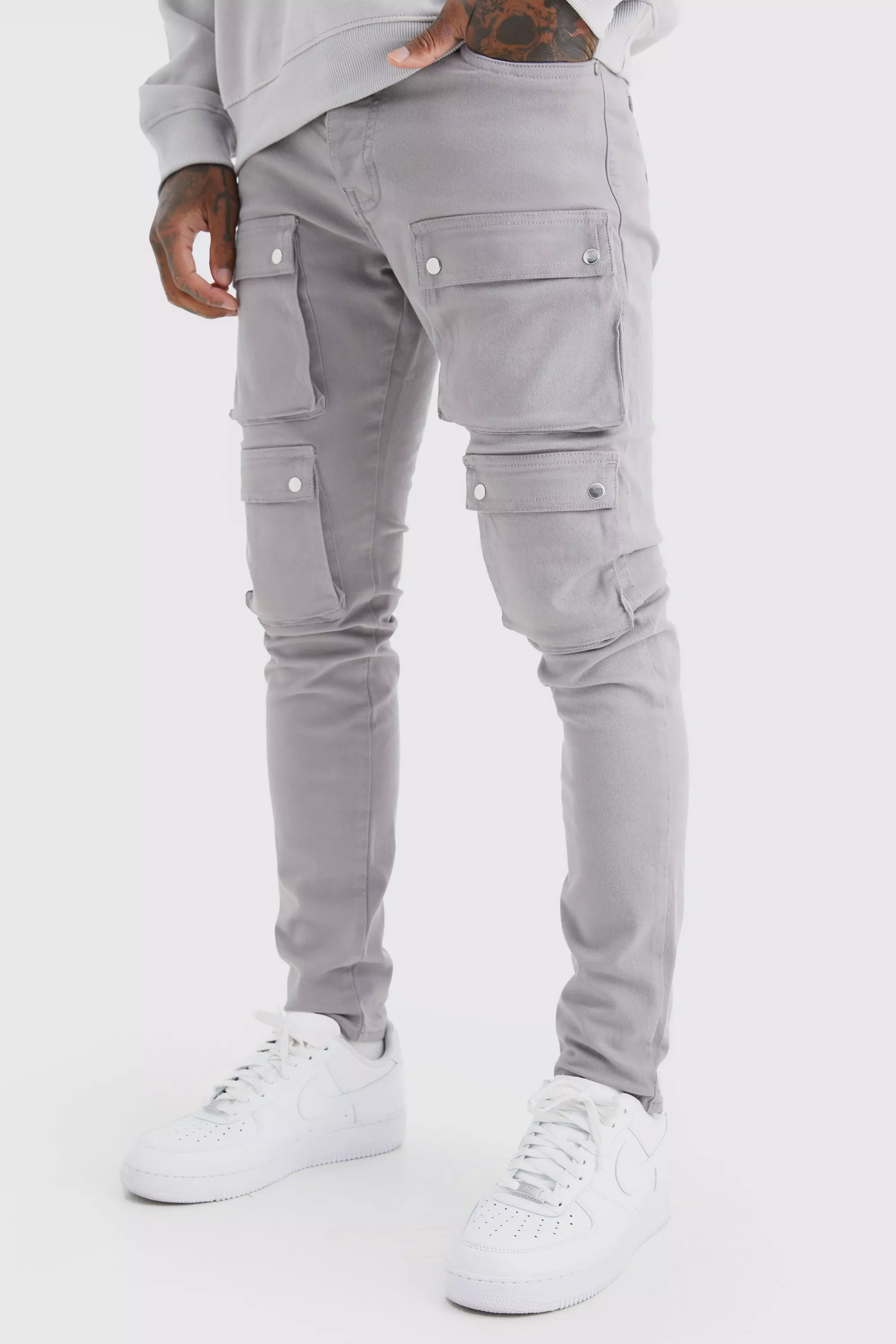 Dark-grey Grey Fixed Waist Skinny Multi Cargo Pocket Trouser