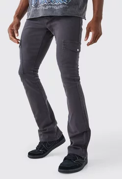 Charcoal Grey Fixed Waist Skinny Stacked Zip Gusset Cargo Pants