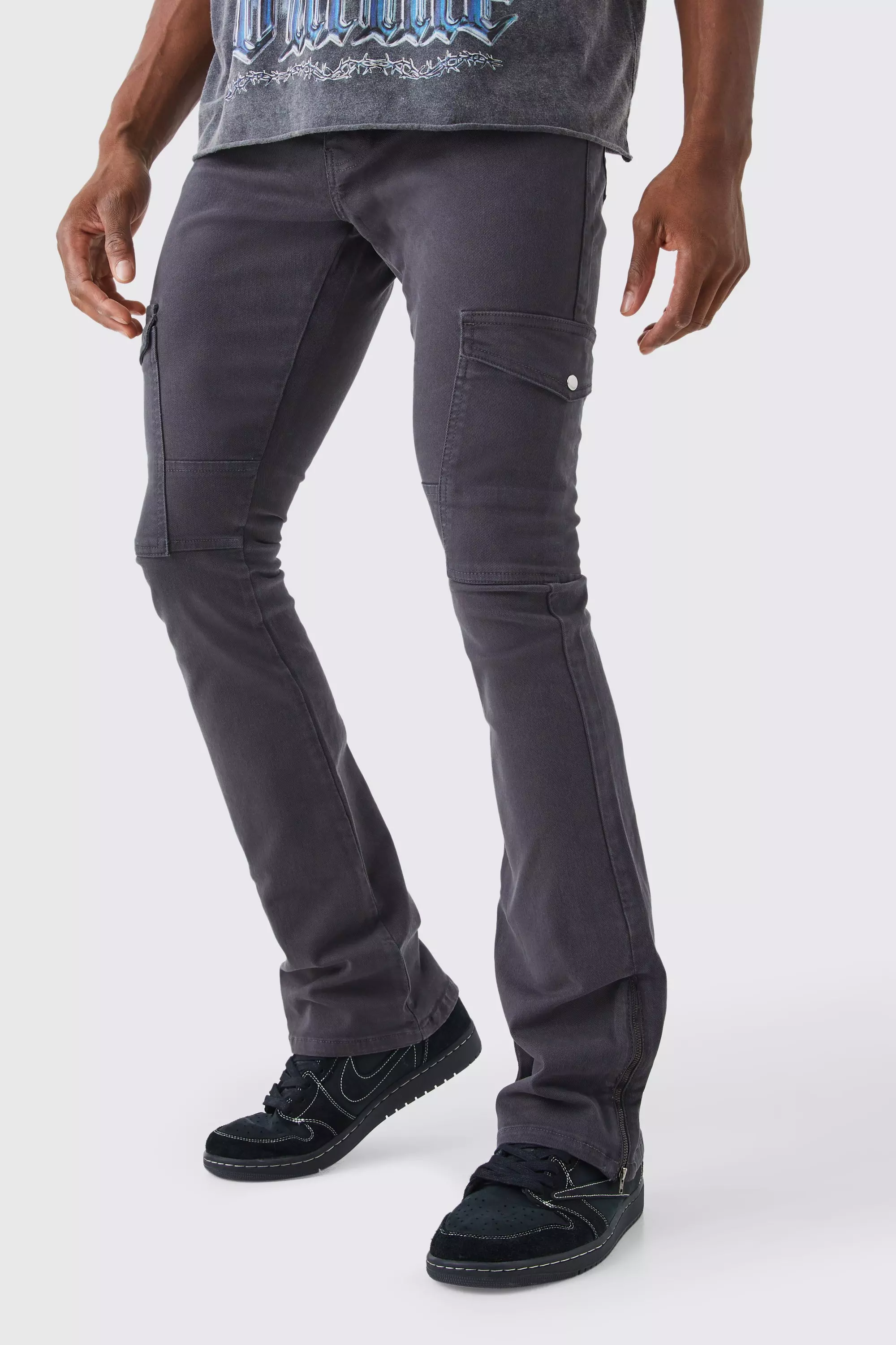 Fixed Waist Skinny Stacked Zip Gusset Cargo Pants Charcoal